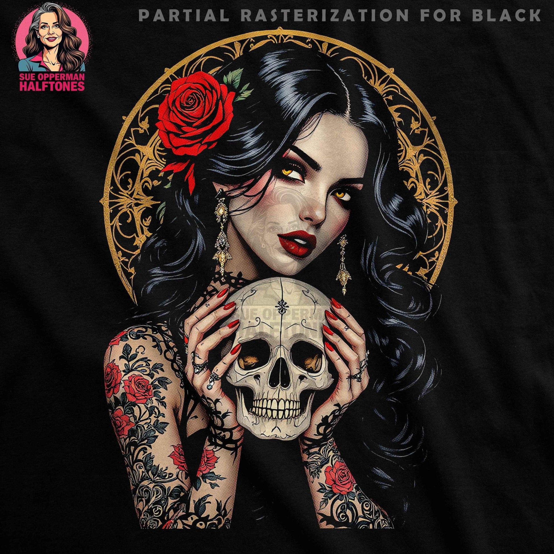 Skull Rose Tattoo Woman Halftone T-Shirt Design Digital - halftone PNG for T-shirts – Sue Opperman Halftones