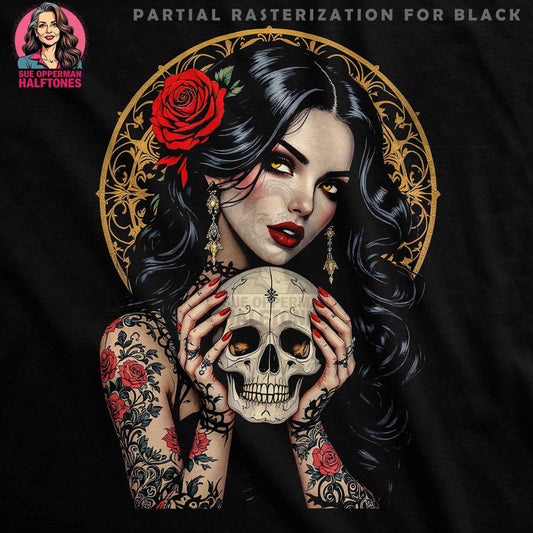 Skull Rose Tattoo Woman Halftone T-Shirt Design Digital - halftone PNG for T-shirts – Sue Opperman Halftones
