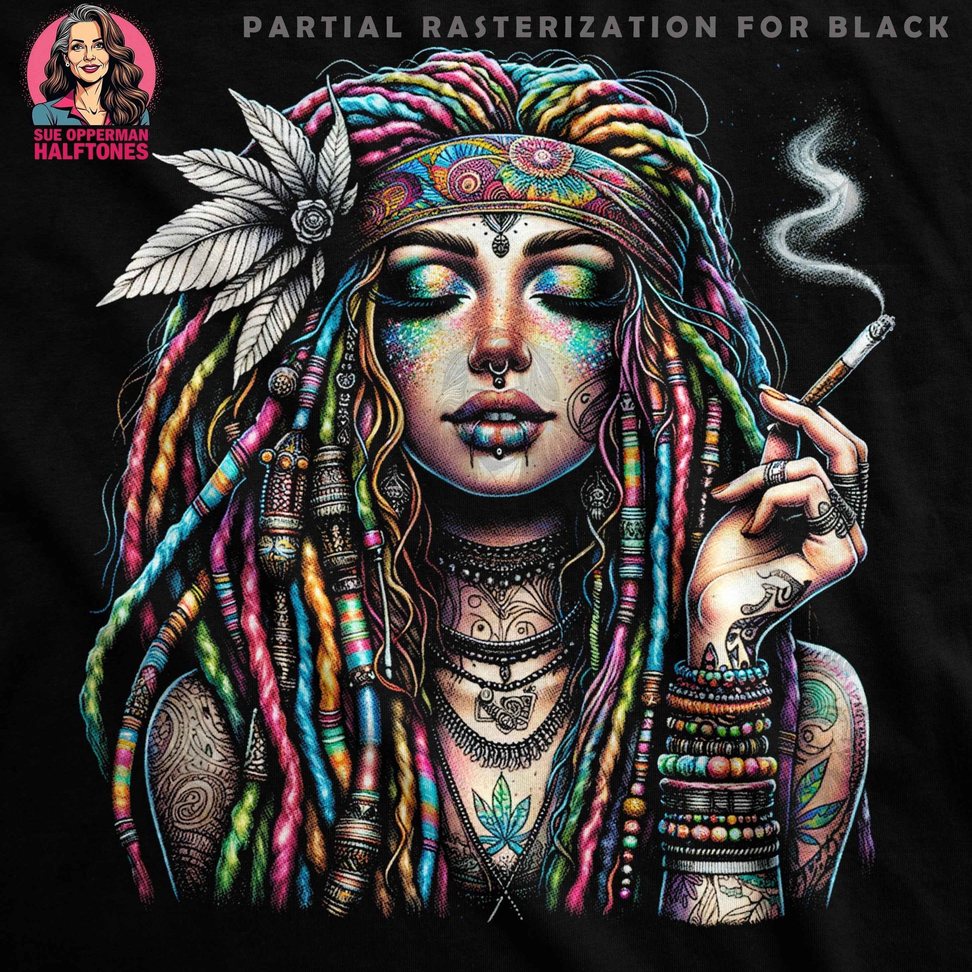 Boho Girl with Dreadlocks and a Joint Halftoned T-Shirt Design - halftone PNG for T-shirts – Sue Opperman Halftones