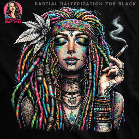 Boho Girl with Dreadlocks and a Joint Halftoned T-Shirt Design - halftone PNG for T-shirts – Sue Opperman Halftones