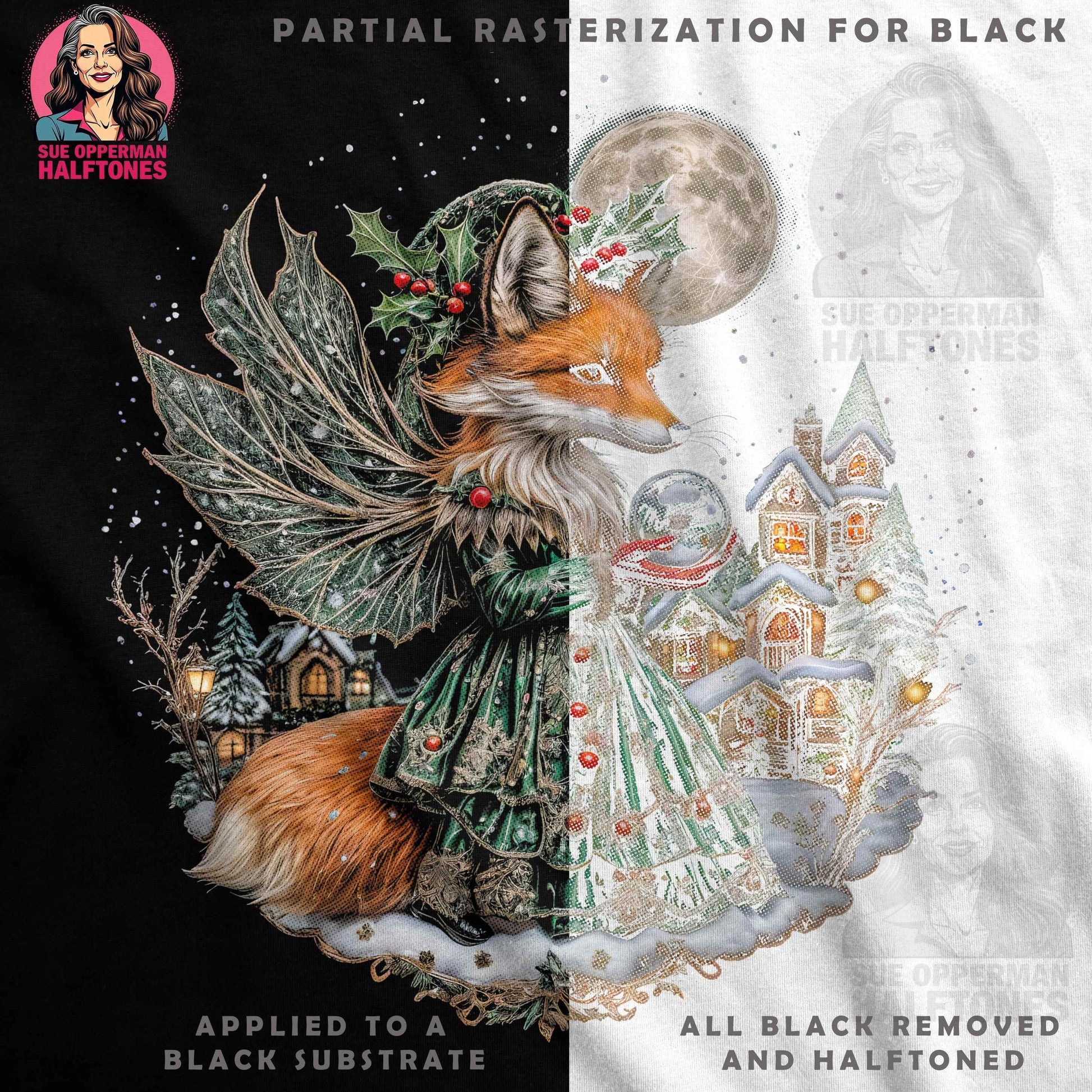 Christmas Fox With Wings Halftoned T-Shirt Design - halftone PNG for T-shirts – Sue Opperman Halftones