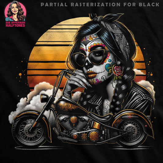 Day of the Dead Biker Girl Halftone T-Shirt Design - halftone PNG for T-shirts – Sue Opperman Halftones