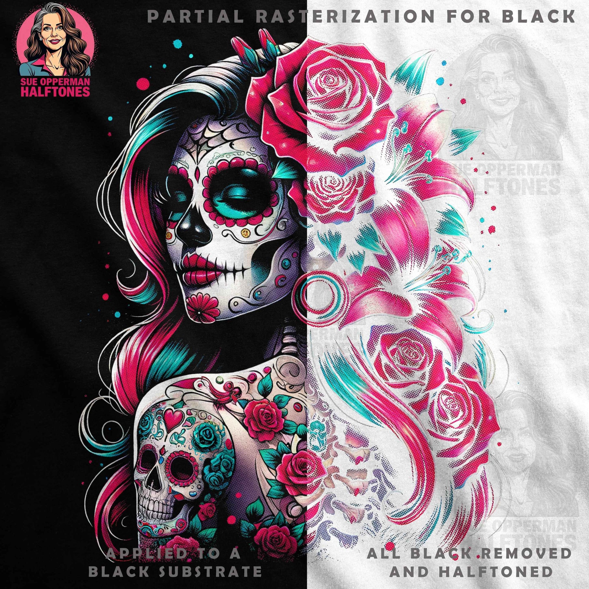Sugar Skull with Roses Halftone T-Shirt Design Digital - halftone PNG for T-shirts – Sue Opperman Halftones
