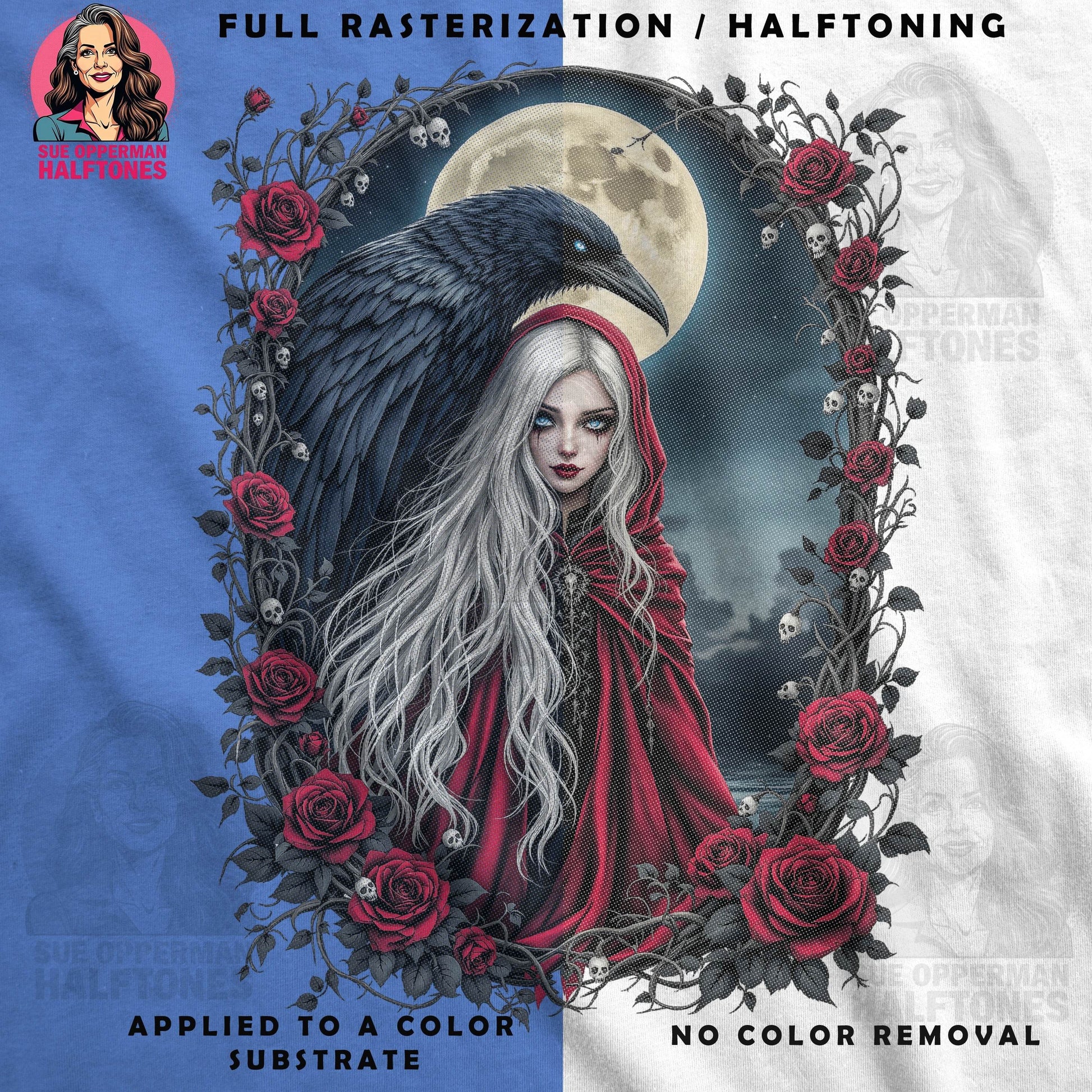 Fantasy Woman With Raven Universal Print Bundle - halftone PNG for T-shirts – Sue Opperman Halftones
