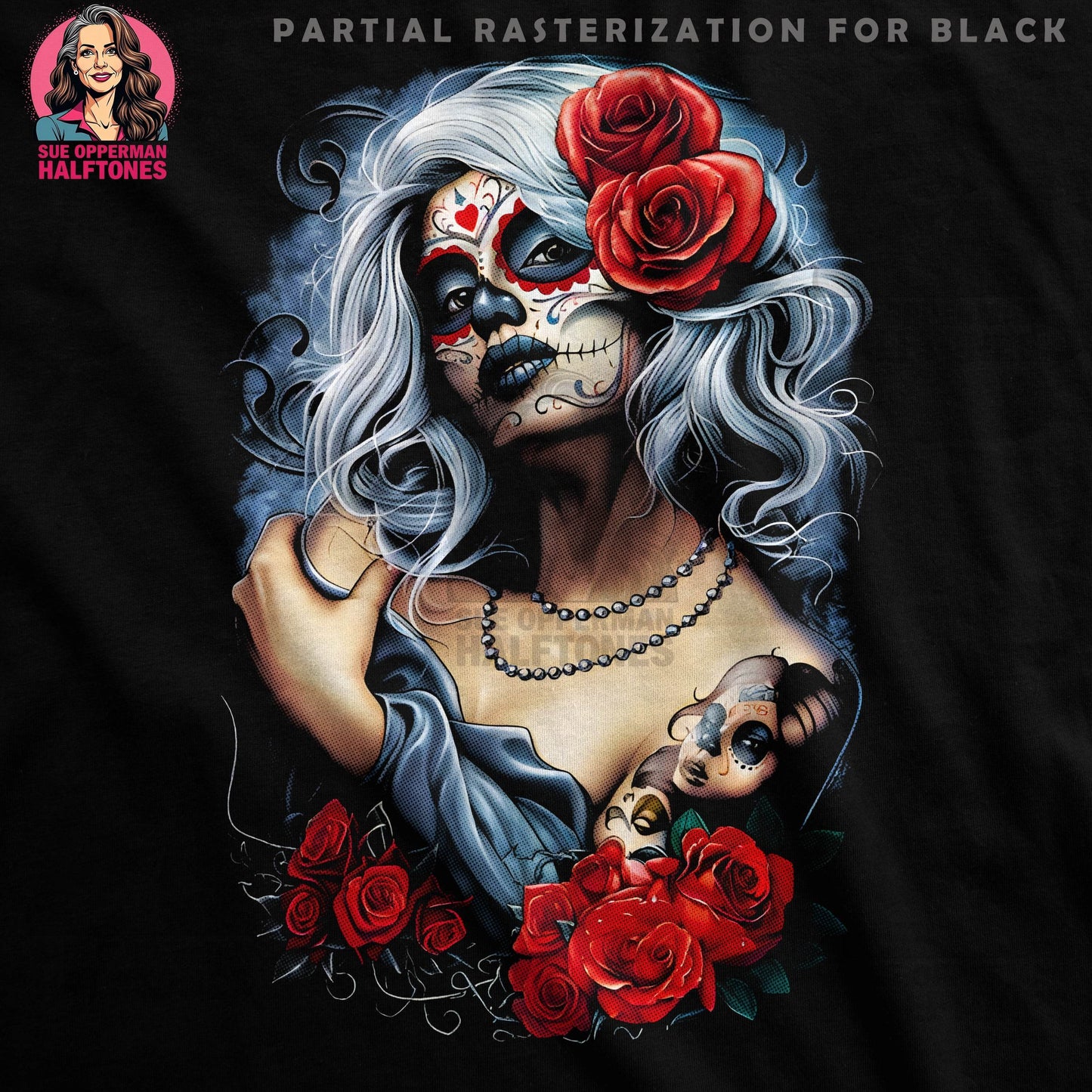 Sugar Skull with Roses Halftone T-Shirt Design - halftone PNG for T-shirts – Sue Opperman Halftones