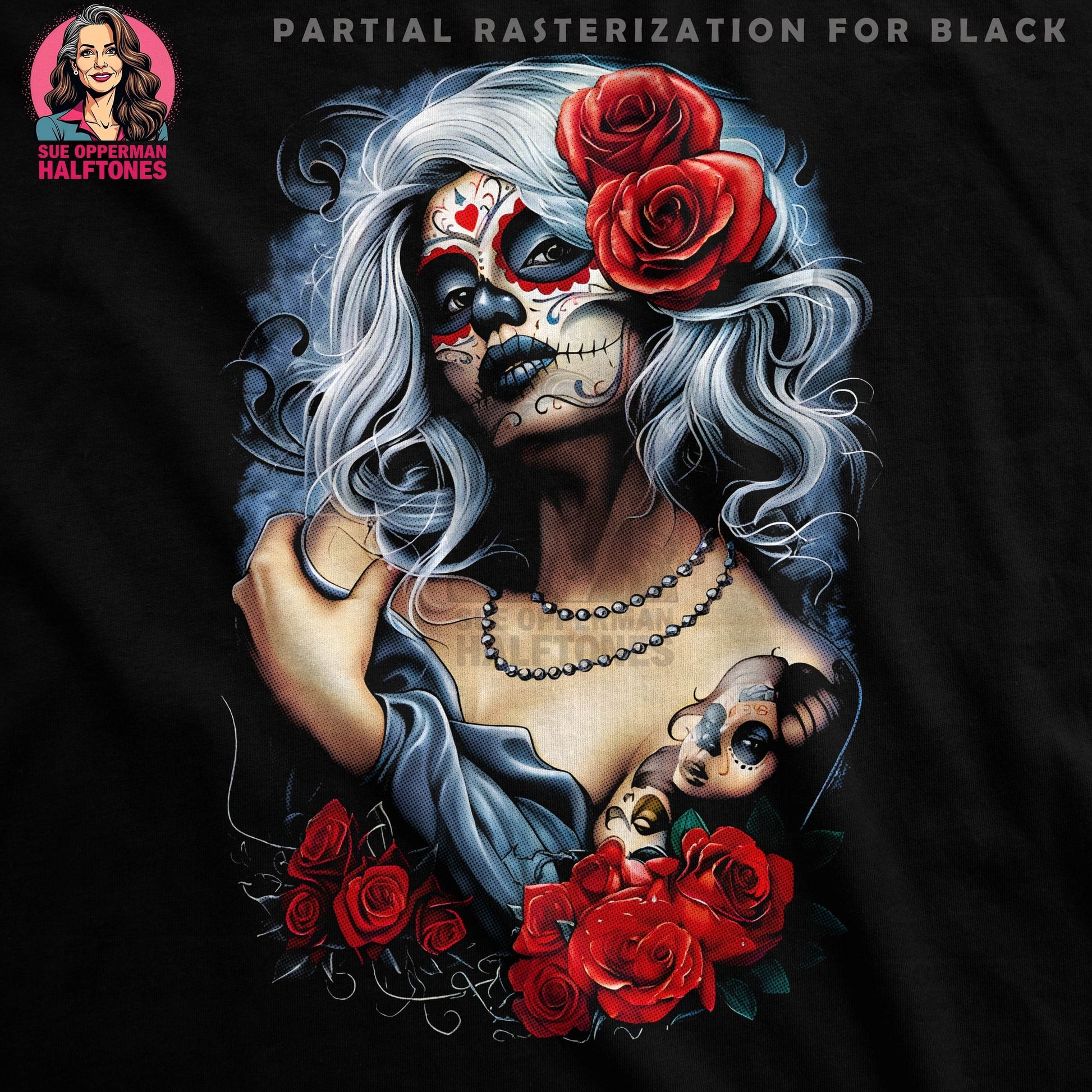 Sugar Skull with Roses Halftone T-Shirt Design - halftone PNG for T-shirts – Sue Opperman Halftones