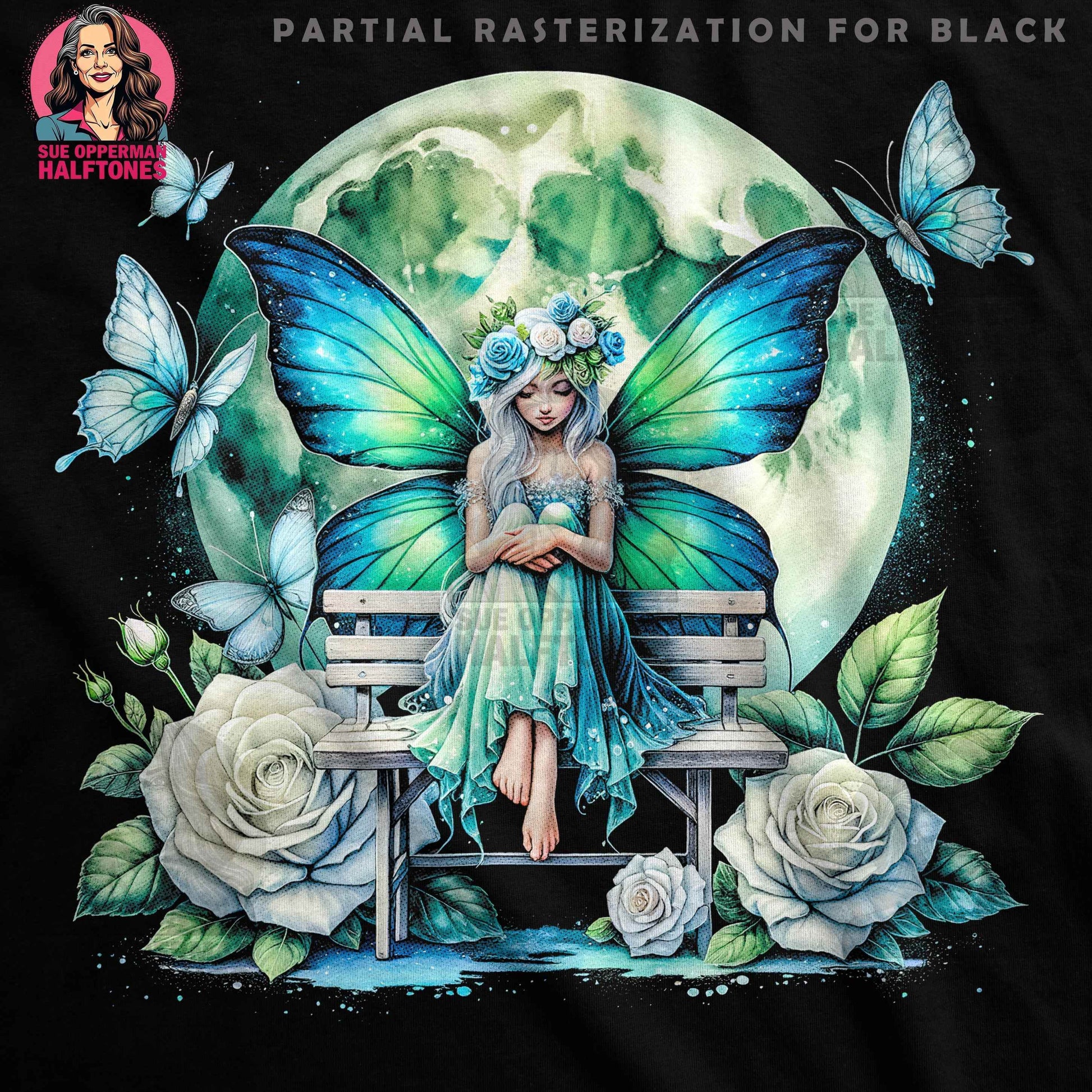 Fantasy Fairy With Moon Halftoned T-Shirt Design - halftone PNG for T-shirts – Sue Opperman Halftones