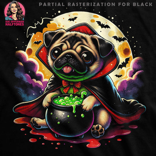 Halloween Pug Holding a Cauldron Halftoned T-Shirt Design - halftone PNG for T-shirts – Sue Opperman Halftones
