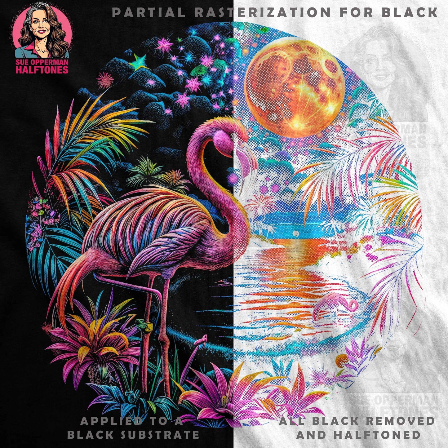 Flamingo Scene Tropical Halftone T-Shirt Design - halftone PNG for T-shirts – Sue Opperman Halftones