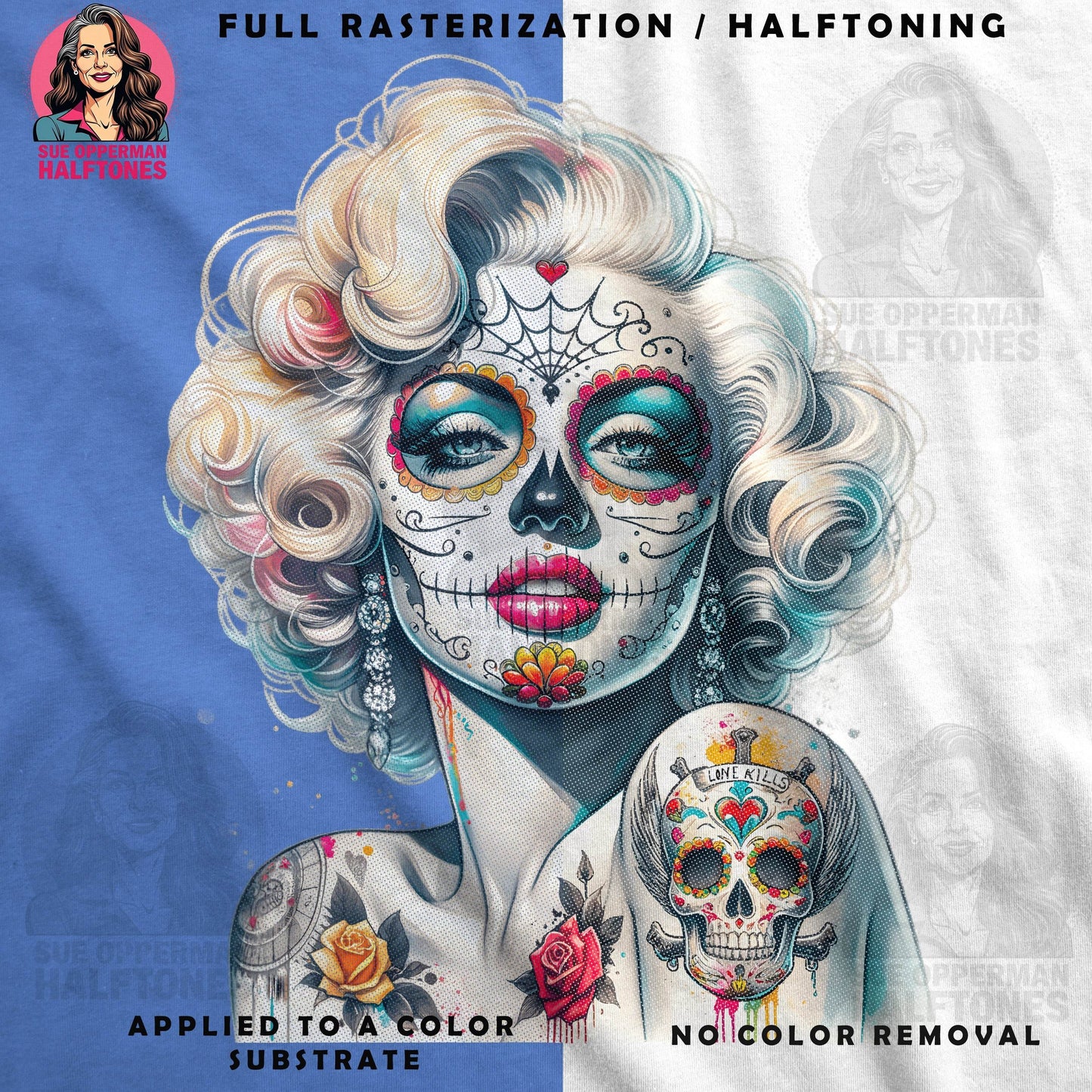 Skull Marilyn Monroe Sugar Skull Universal Print Bundle - halftone PNG for T-shirts – Sue Opperman Halftones