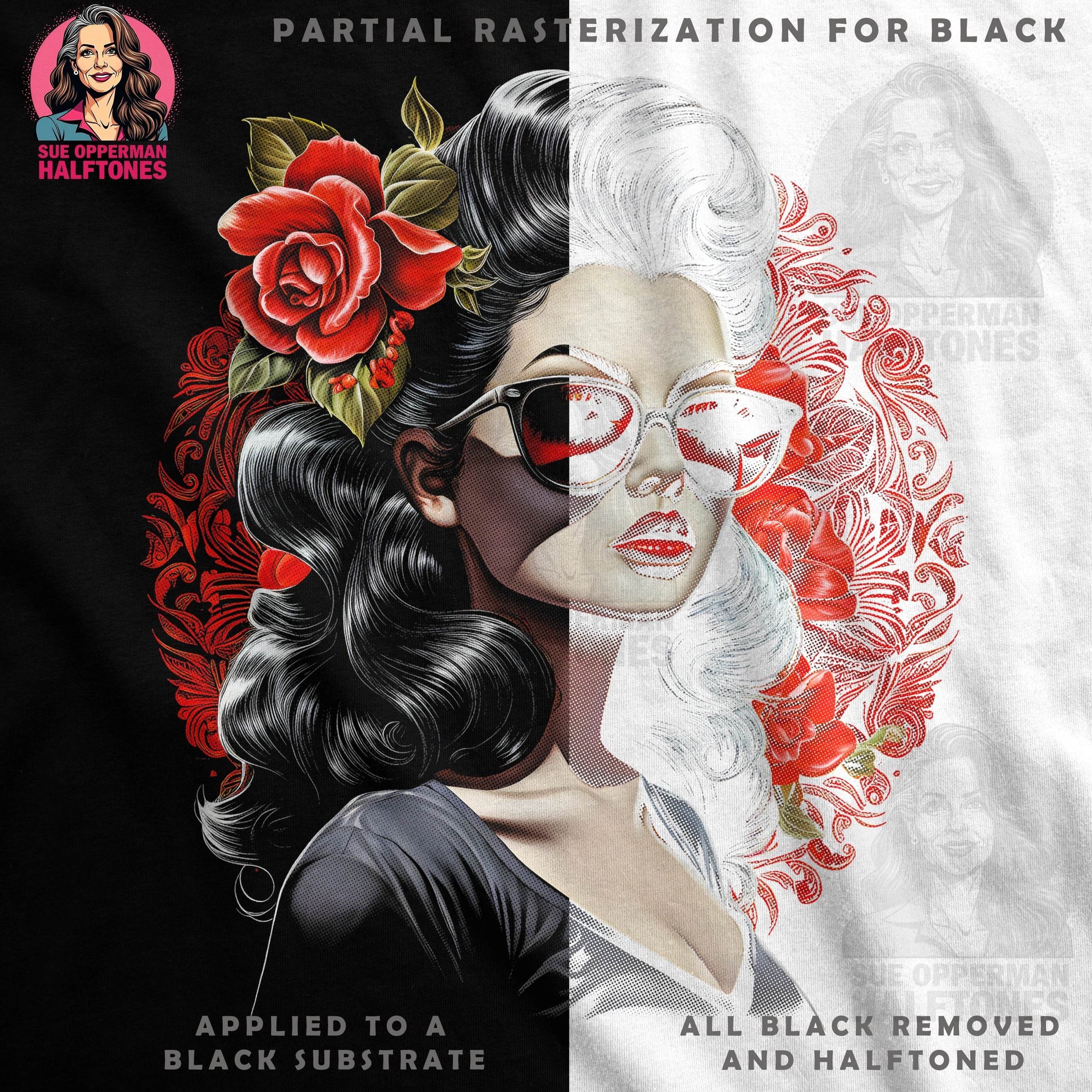 Glamour Girl With Roses Halftone T-Shirt Design - halftone PNG for T-shirts – Sue Opperman Halftones