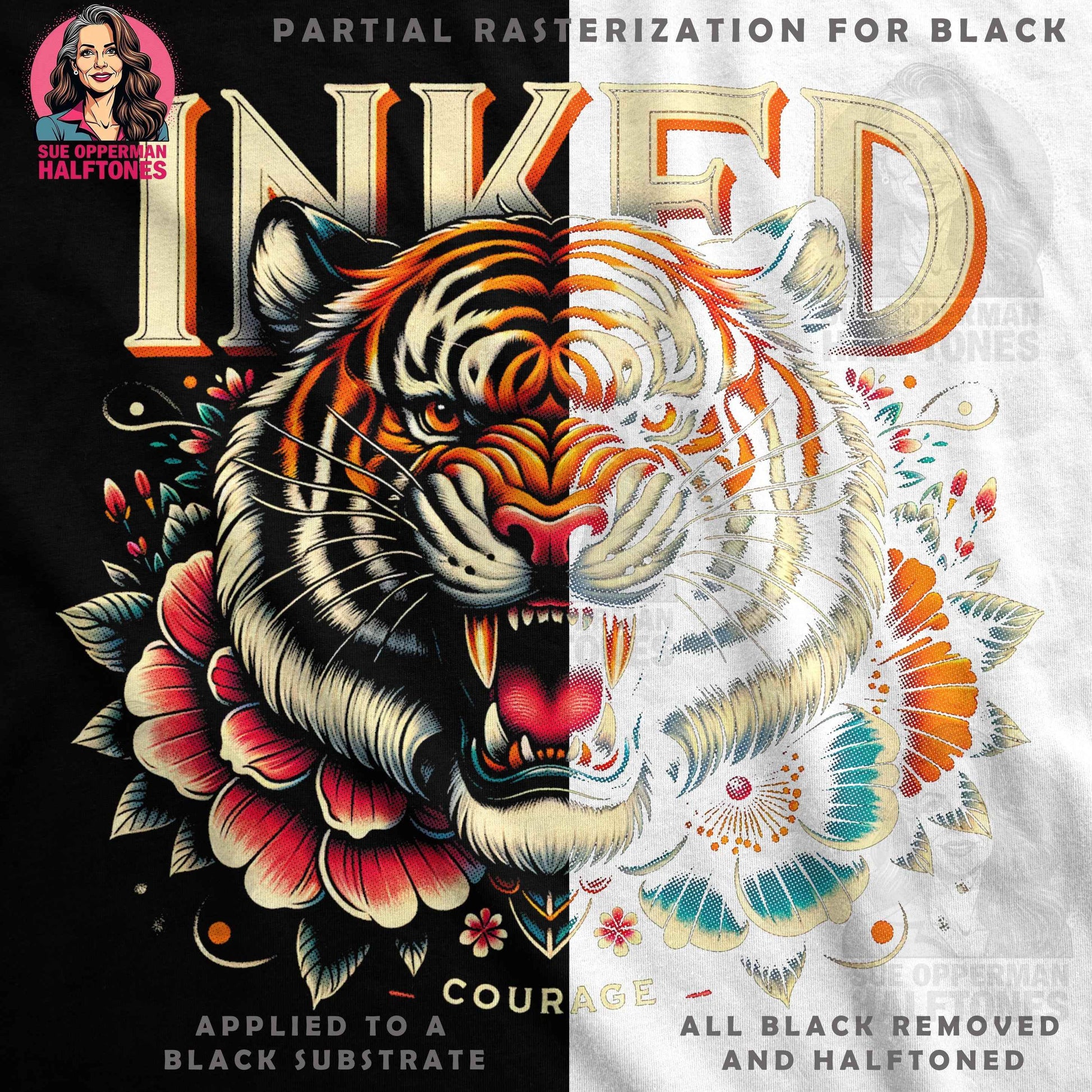 Inked Tiger Floral Halftone Digital halftoned T-Shirt Design - halftone PNG for T-shirts – Sue Opperman Halftones