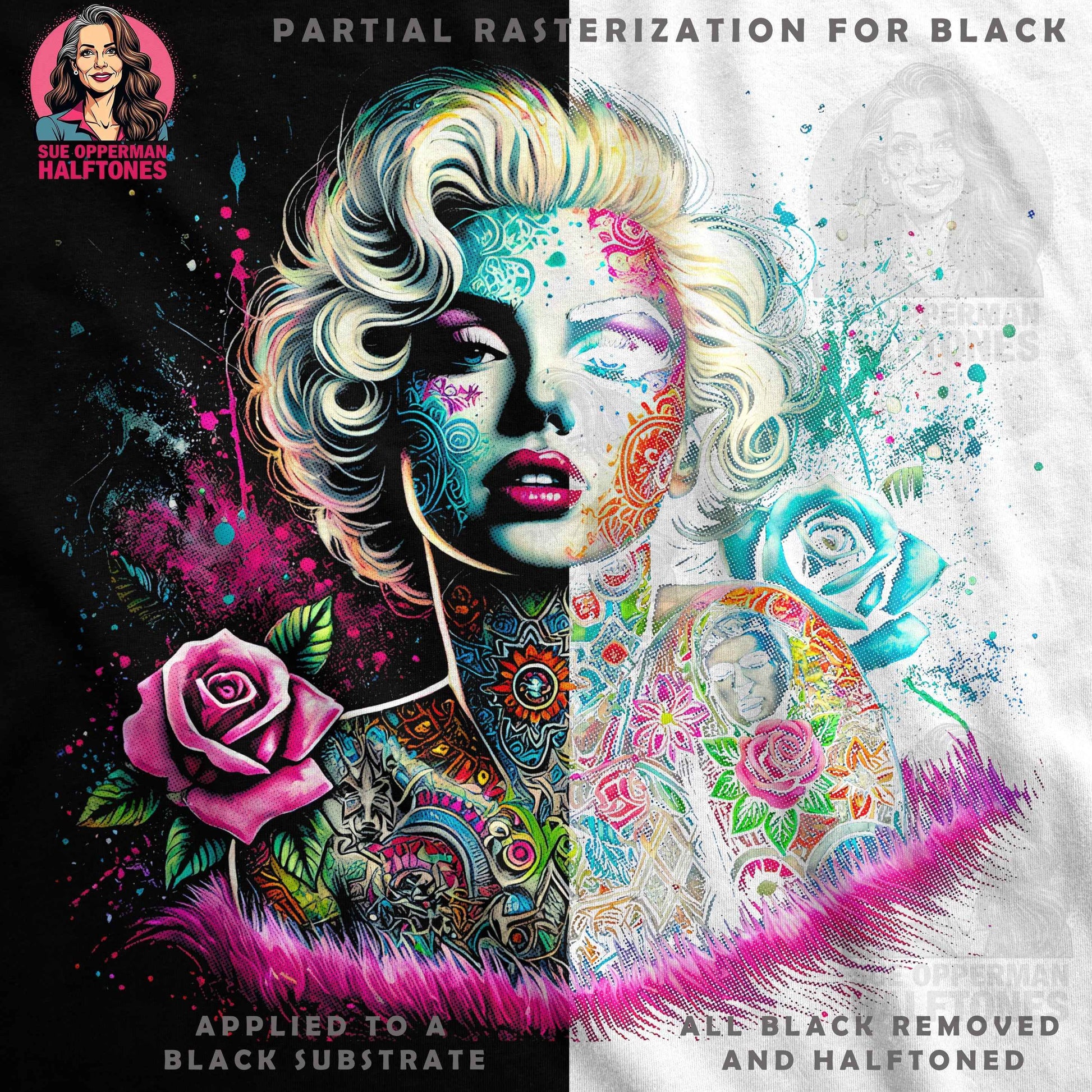 Celebrities with Roses Tattoo Digital Halftoned T-shirt Design - halftone PNG for T-shirts – Sue Opperman Halftones