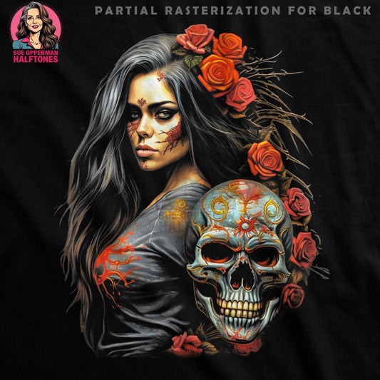 Skull Roses Woman Halftone T-Shirt Design - halftone PNG for T-shirts – Sue Opperman Halftones