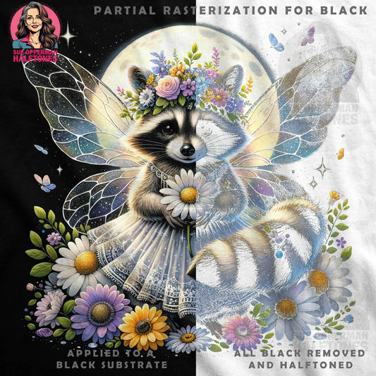 Whimsical Raccoon Fairy With Flowers Halftoned T-Shirt Design - halftone PNG for T-shirts – Sue Opperman Halftones