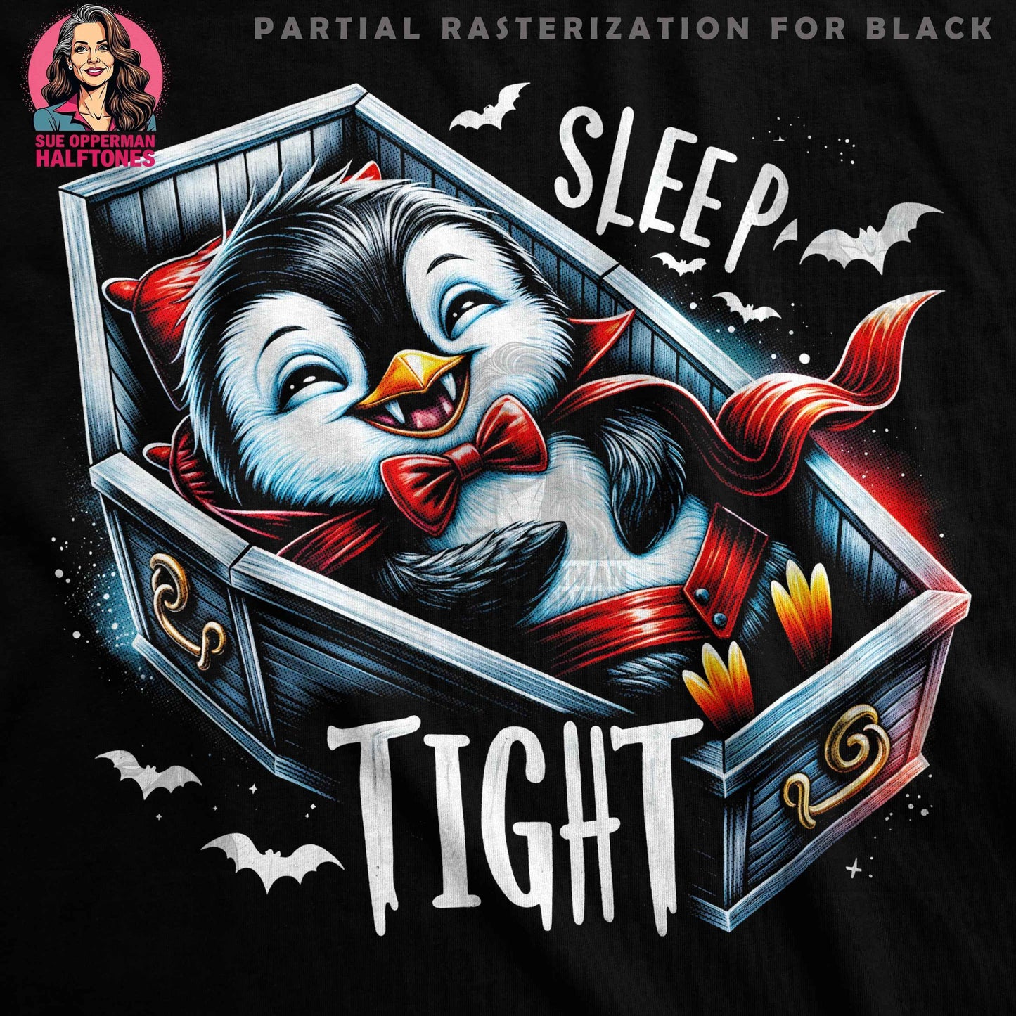 Vampire Penguin Sleep Tight Halftone T-Shirt Design - halftone PNG for T-shirts – Sue Opperman Halftones