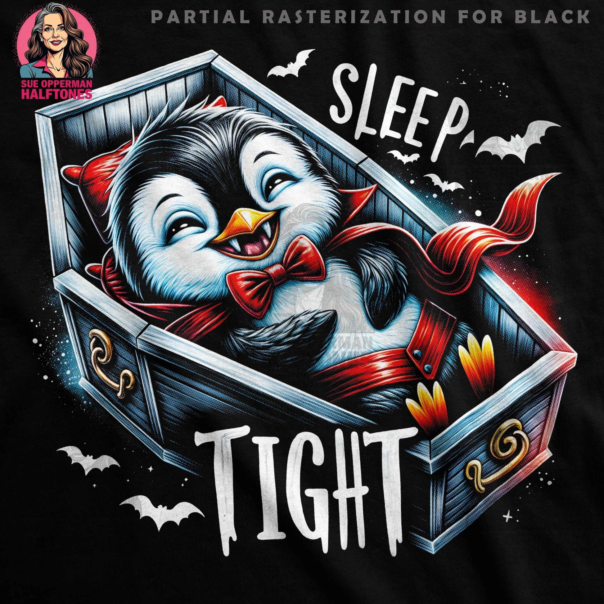 Vampire Penguin Sleep Tight Halftone T-Shirt Design - halftone PNG for T-shirts – Sue Opperman Halftones