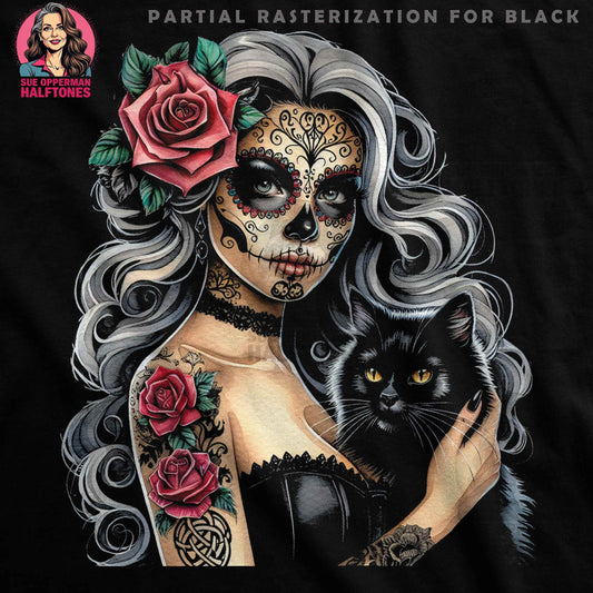 Sugar Skull Girl With Cat Halftone T-Shirt Design - halftone PNG for T-shirts – Sue Opperman Halftones