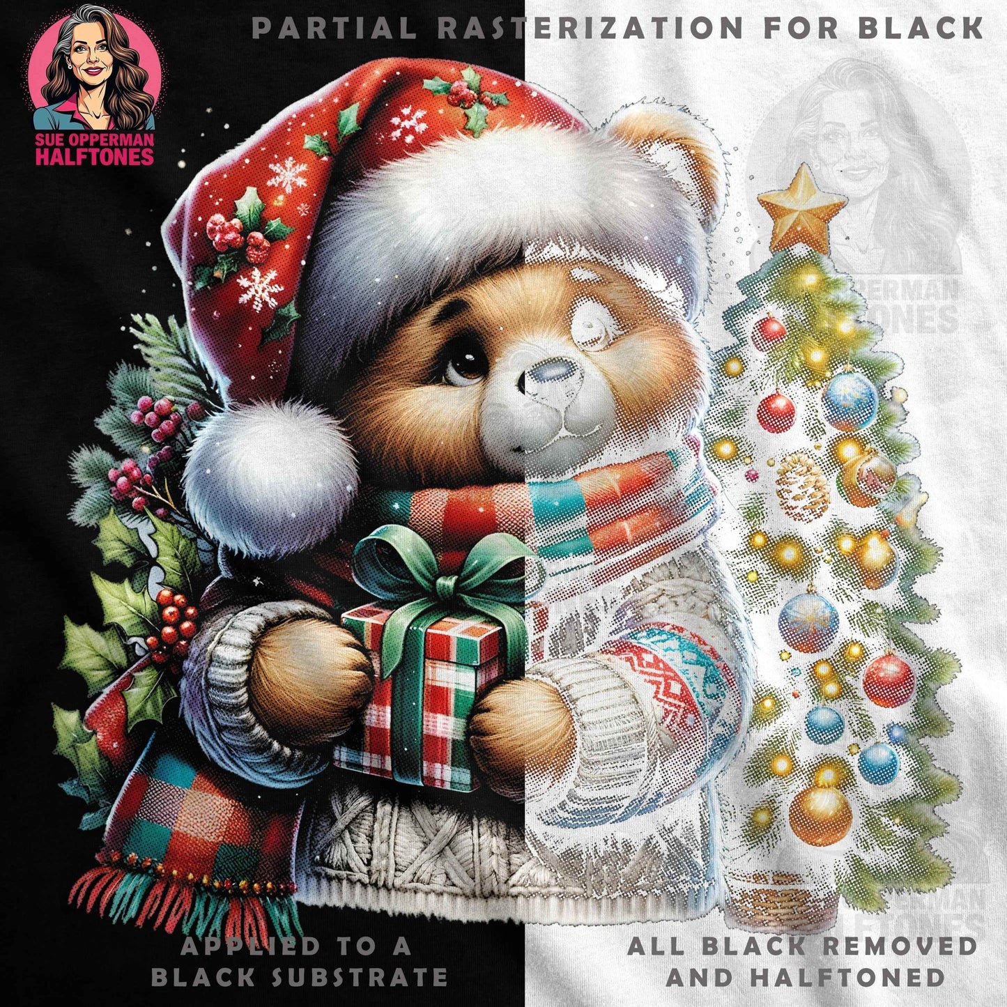 Cute Bear with Christmas Tree Halftoned T-Shirt Design - halftone PNG for T-shirts – Sue Opperman Halftones