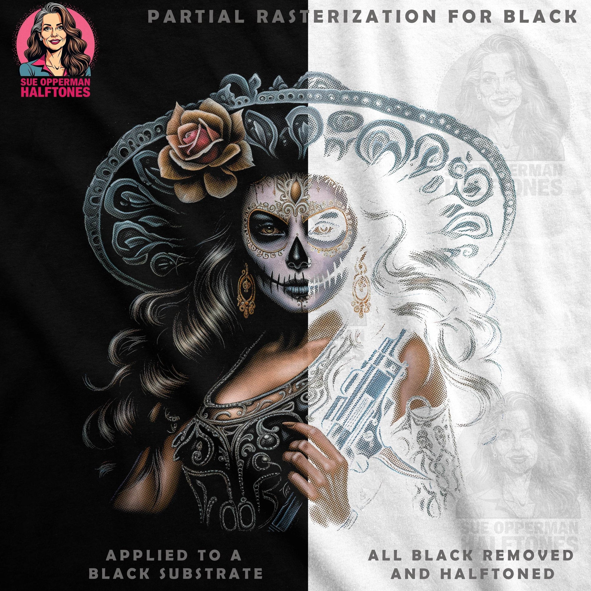 Sugar Skull Lady with Gun Halftoned T-Shirt Design - halftone PNG for T-shirts – Sue Opperman Halftones