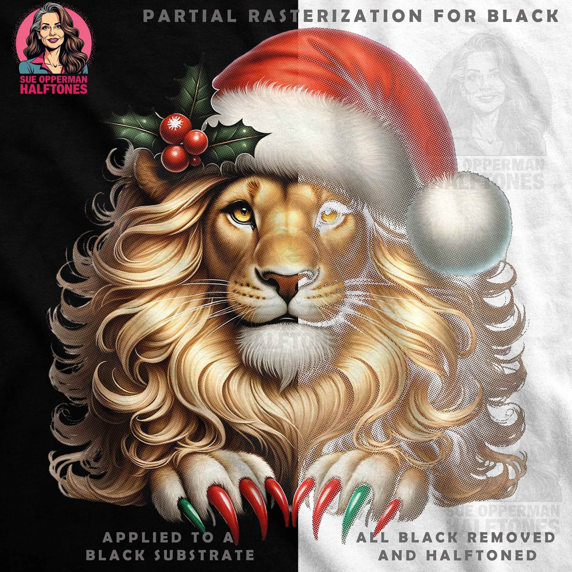 Christmas Lion With Santa Hat Halftone T-Shirt Designs - halftone PNG for T-shirts – Sue Opperman Halftones