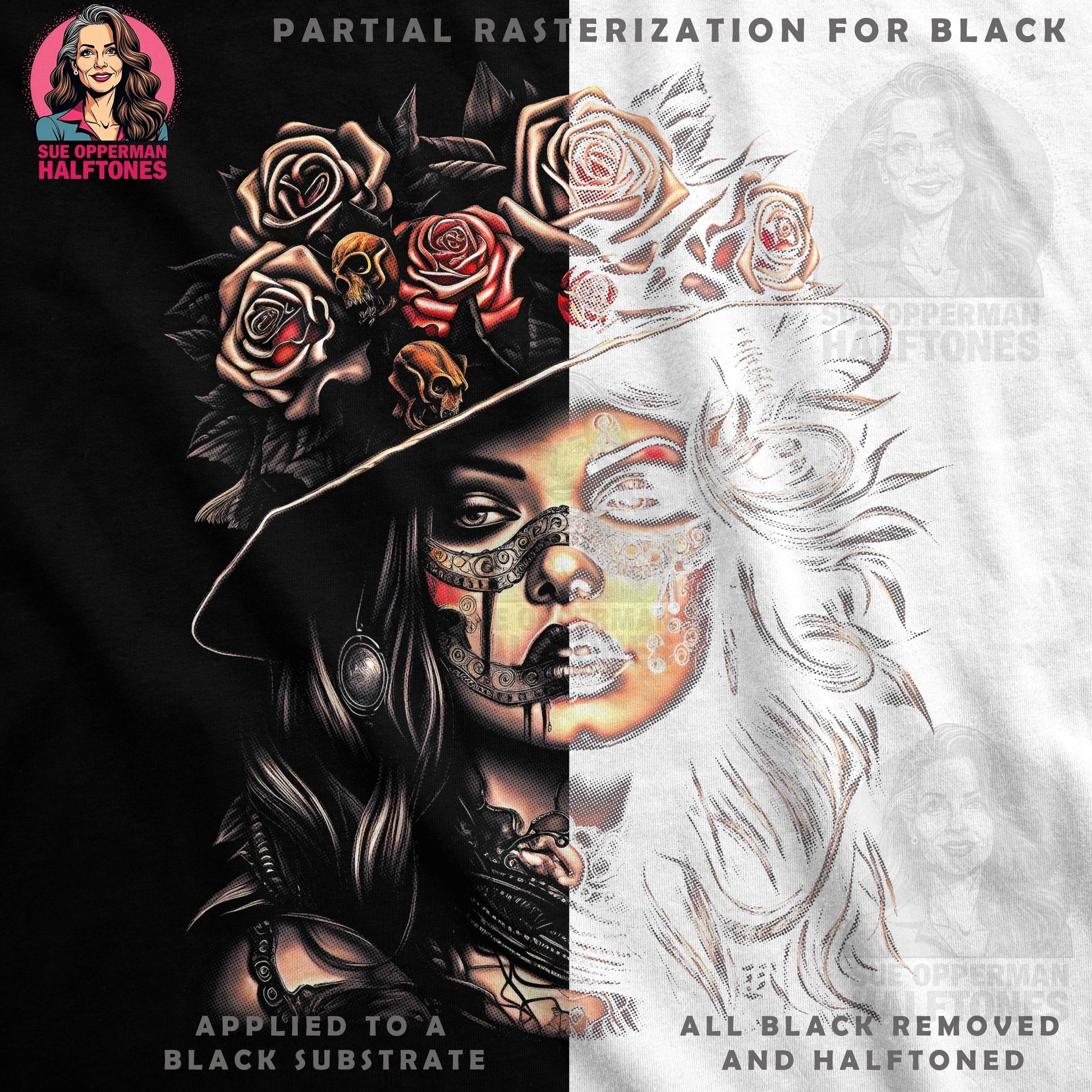 Skull Roses Face Halftone Halftoned T-Shirt Design - halftone PNG for T-shirts – Sue Opperman Halftones