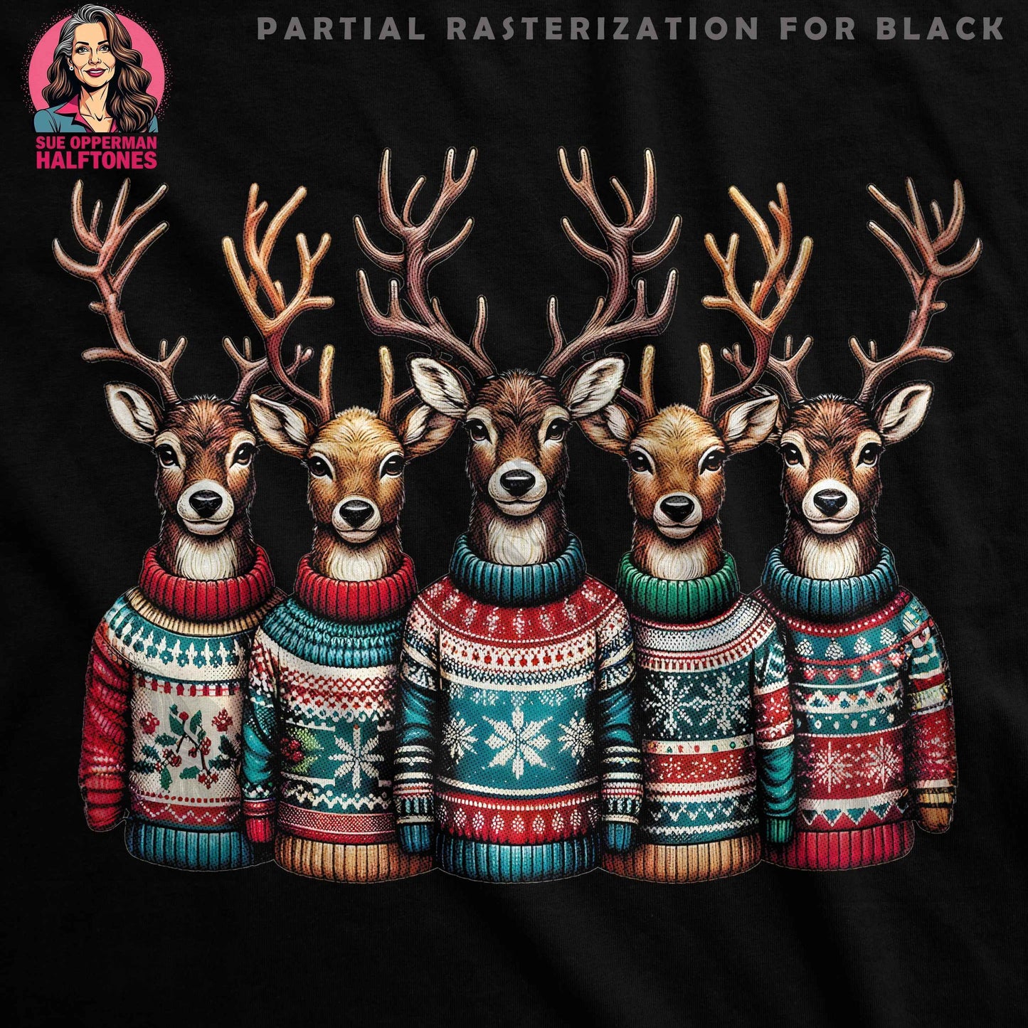 Christmas Reindeer Group Halftoned Sweater Halftoned T-Shirt Design - halftone PNG for T-shirts – Sue Opperman Halftones