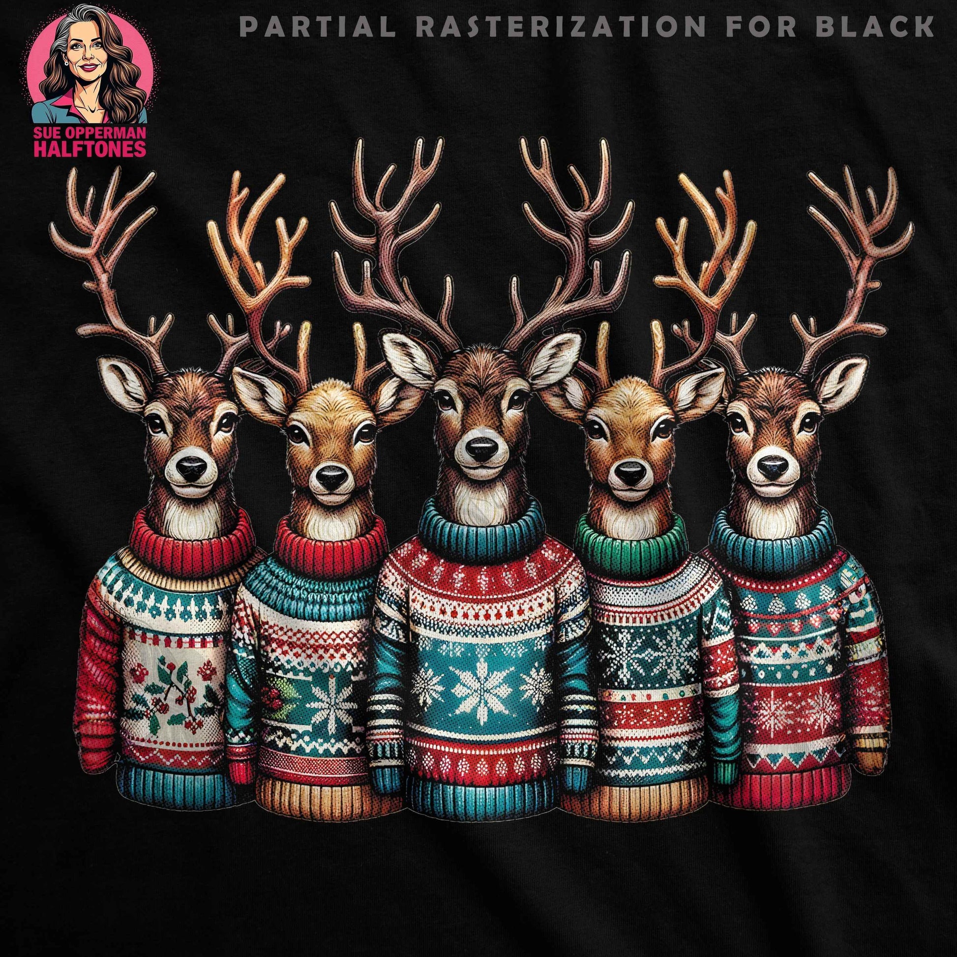 Christmas Reindeer Group Halftoned Sweater Halftoned T-Shirt Design - halftone PNG for T-shirts – Sue Opperman Halftones