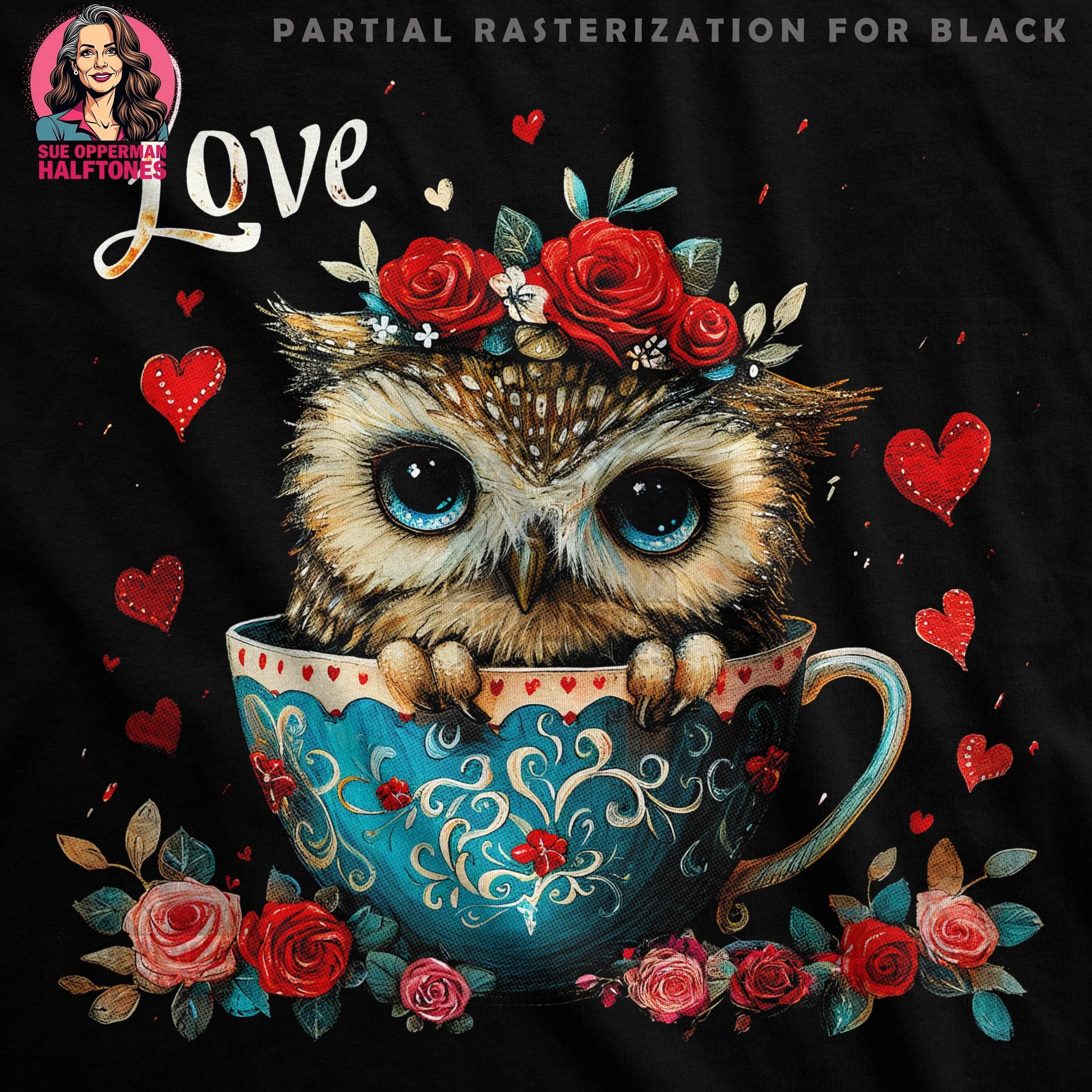 Floral Owl Inside Tea Cup Halftone T-Shirt Design - halftone PNG for T-shirts – Sue Opperman Halftones