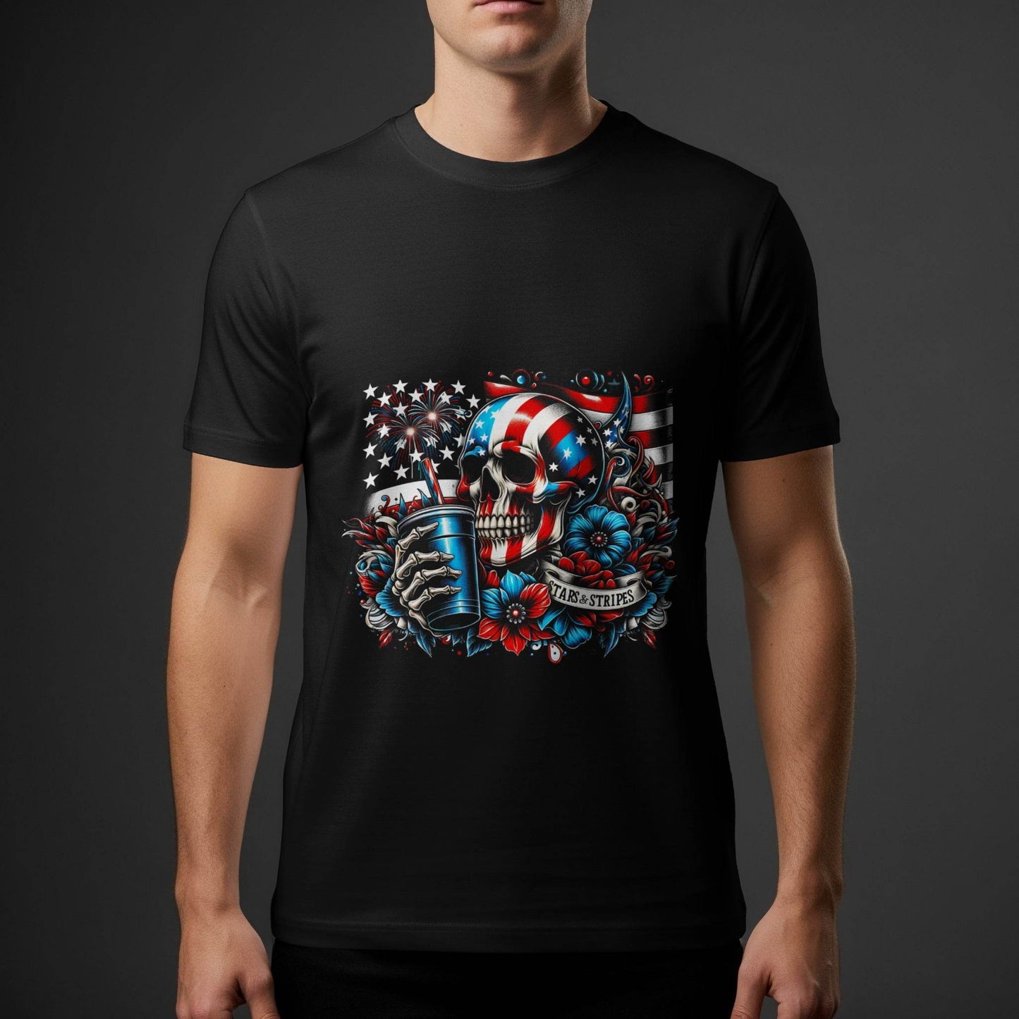 Patriotic Skull Floral Stars Stripes Halftoned T-Shirt Design - halftone PNG for T-shirts – Sue Opperman Halftones