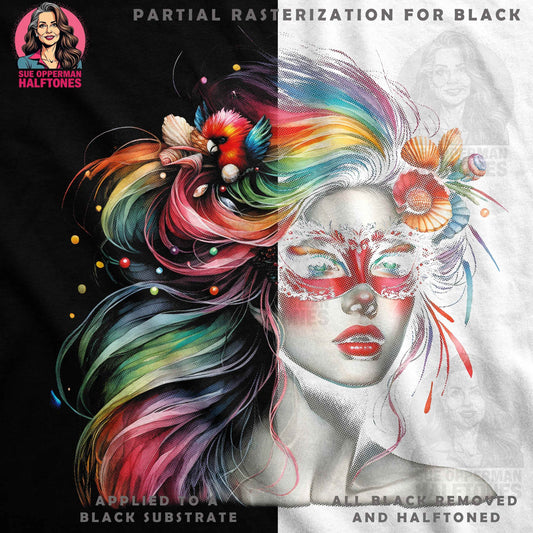 Glamour Portrait with Mask and Rainbow Hair Halftoned T-Shirt Design - halftone PNG for T-shirts – Sue Opperman Halftones