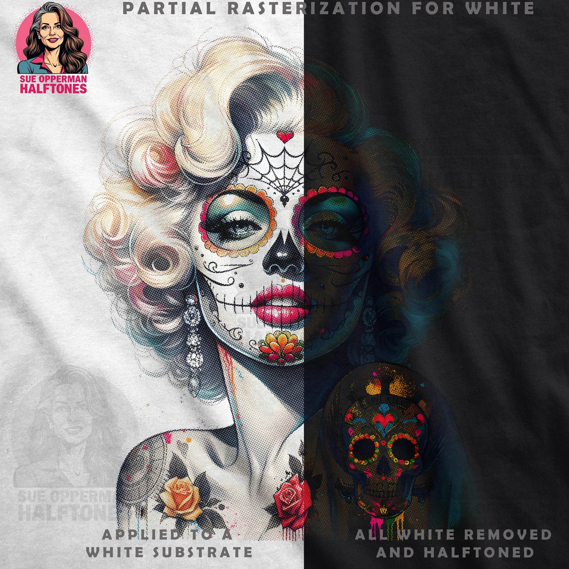 Skull Marilyn Monroe Sugar Skull Universal Print Bundle - halftone PNG for T-shirts – Sue Opperman Halftones