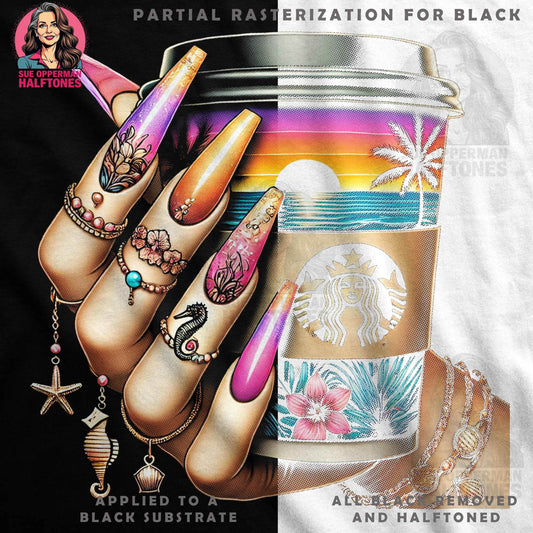 Glamour and Tropical Nails Beach Sunset Halftoned T-Shirt Design - halftone PNG for T-shirts – Sue Opperman Halftones