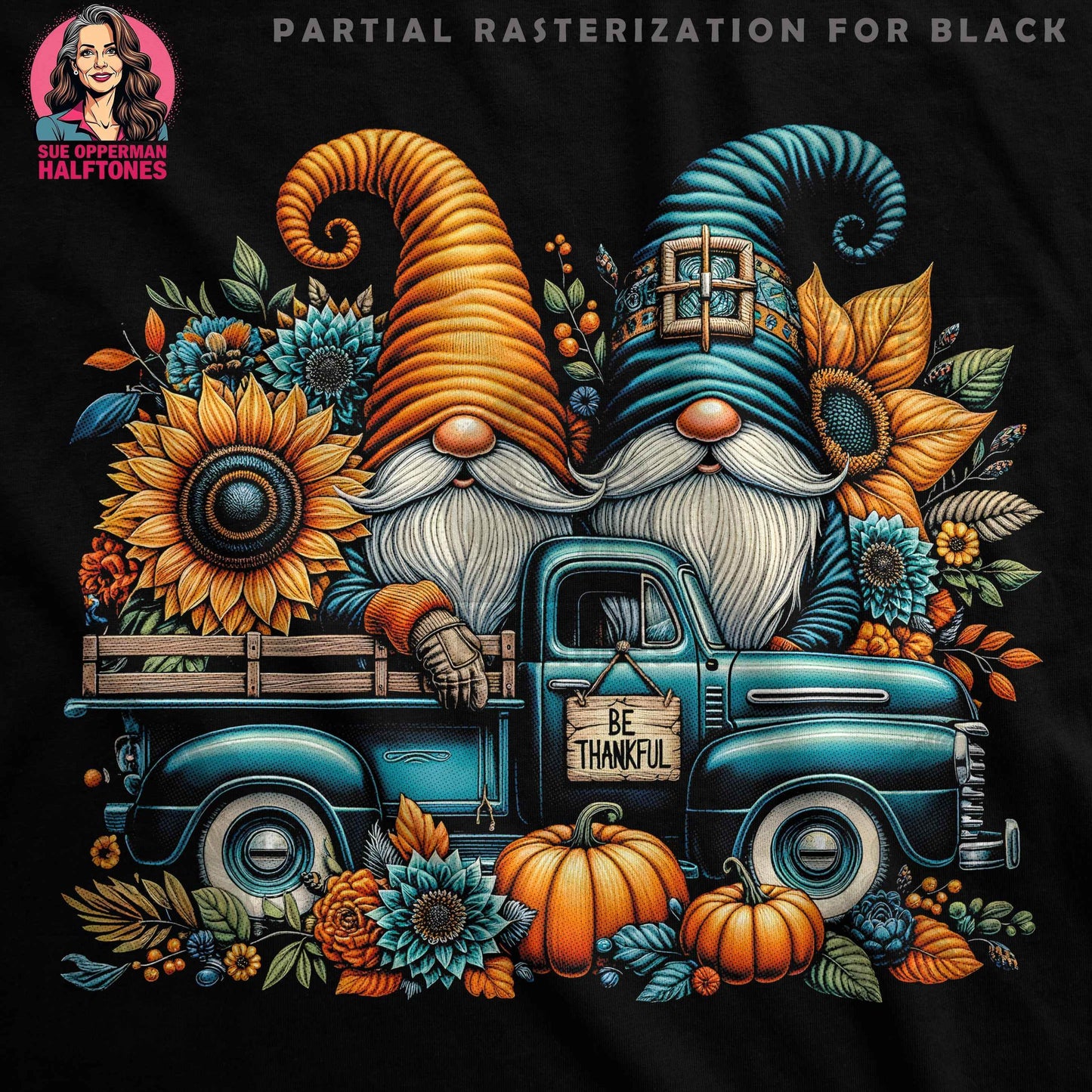 Thanksgiving Gnomes with Truck Digital Halftoned T-Shirt Design - halftone PNG for T-shirts – Sue Opperman Halftones