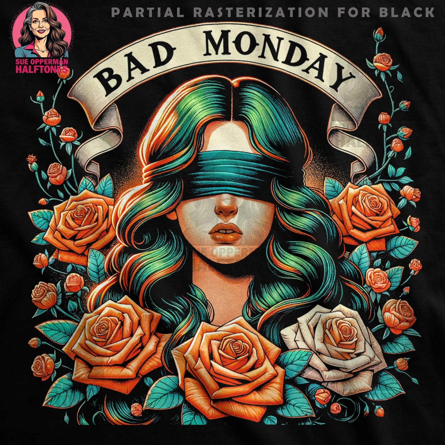 Bad Monday Woman Roses Halftone Digital halftoned T-Shirt Design - halftone PNG for T-shirts – Sue Opperman Halftones