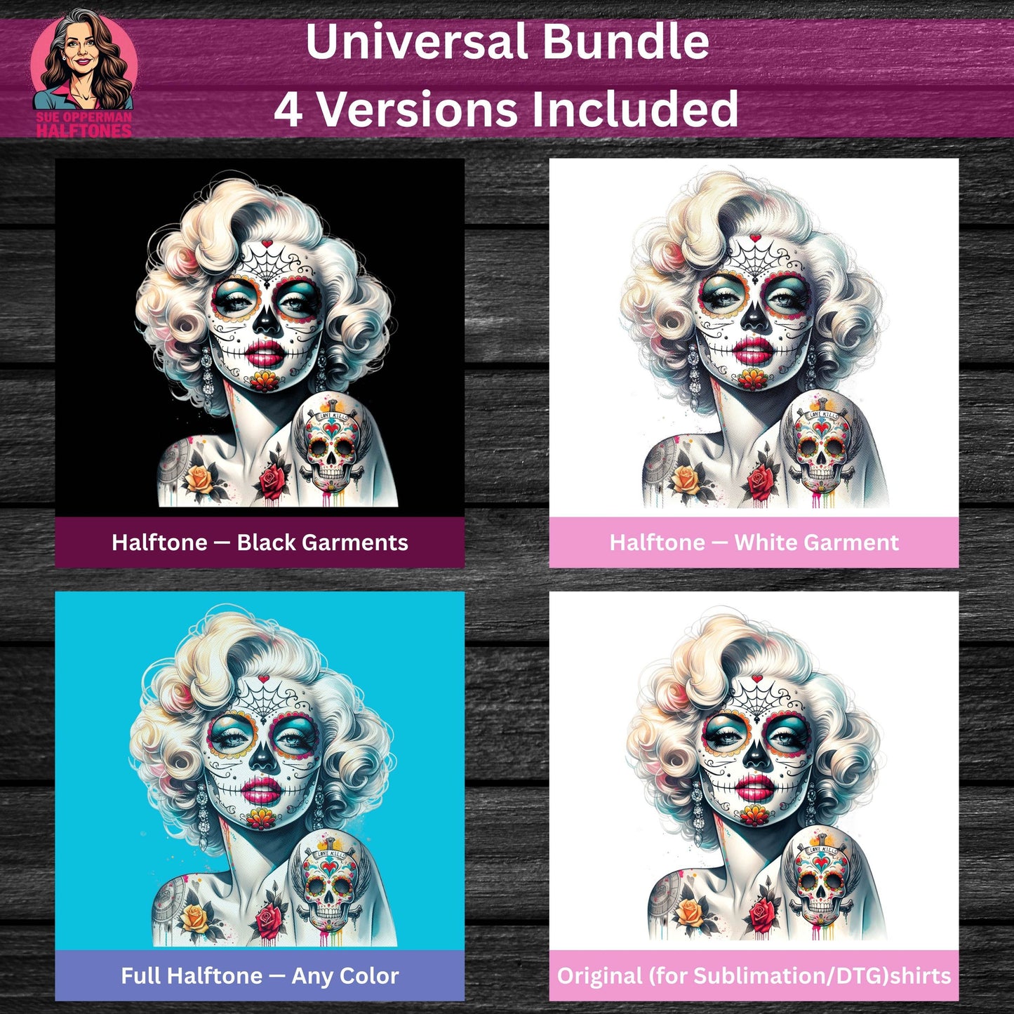 Skull Marilyn Monroe Sugar Skull Universal Print Bundle - halftone PNG for T-shirts – Sue Opperman Halftones