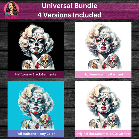 Skull Marilyn Monroe Sugar Skull Universal Print Bundle - halftone PNG for T-shirts – Sue Opperman Halftones