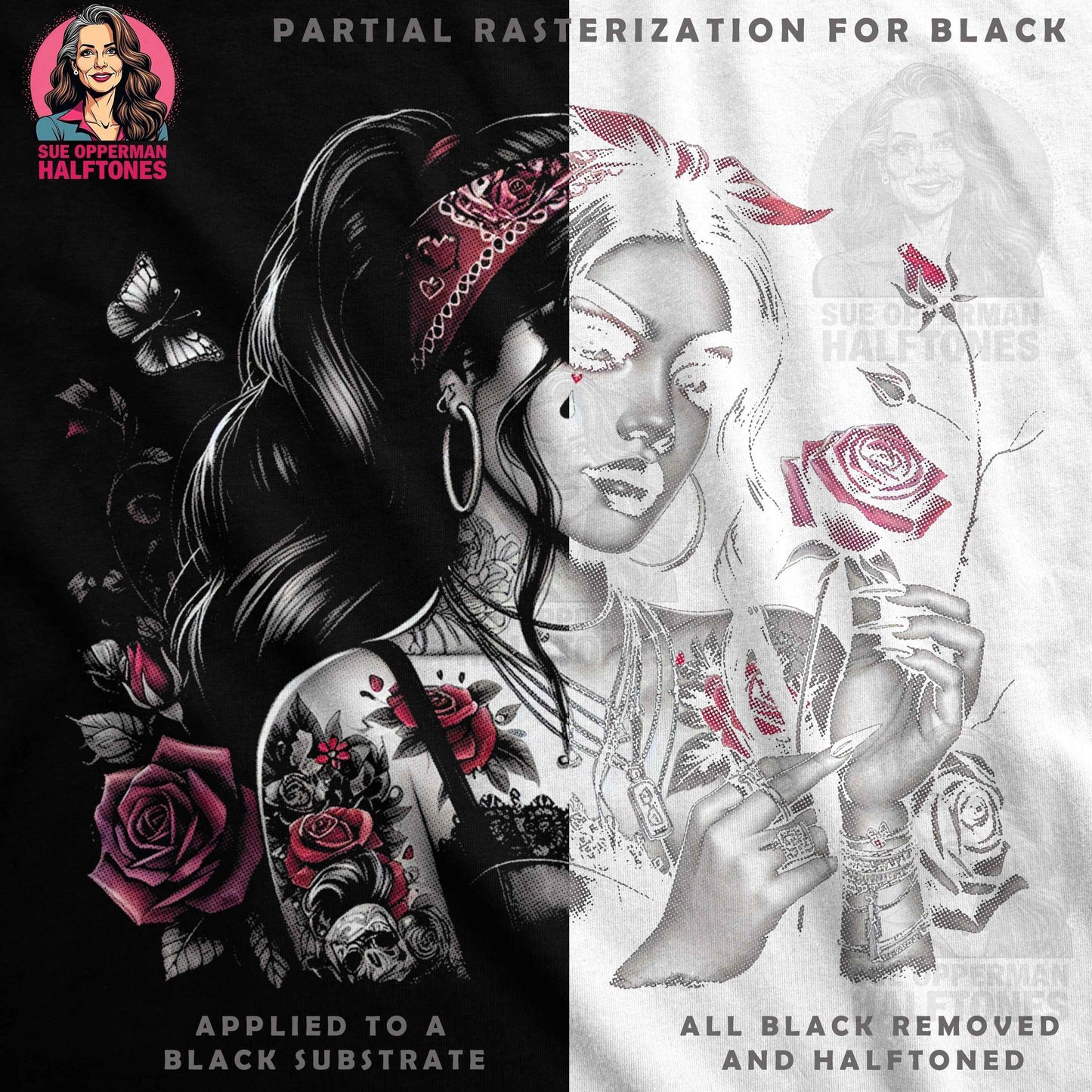 Goth Girl Roses Tattoo Art Digital Halftoned T-Shirt Design - halftone PNG for T-shirts – Sue Opperman Halftones
