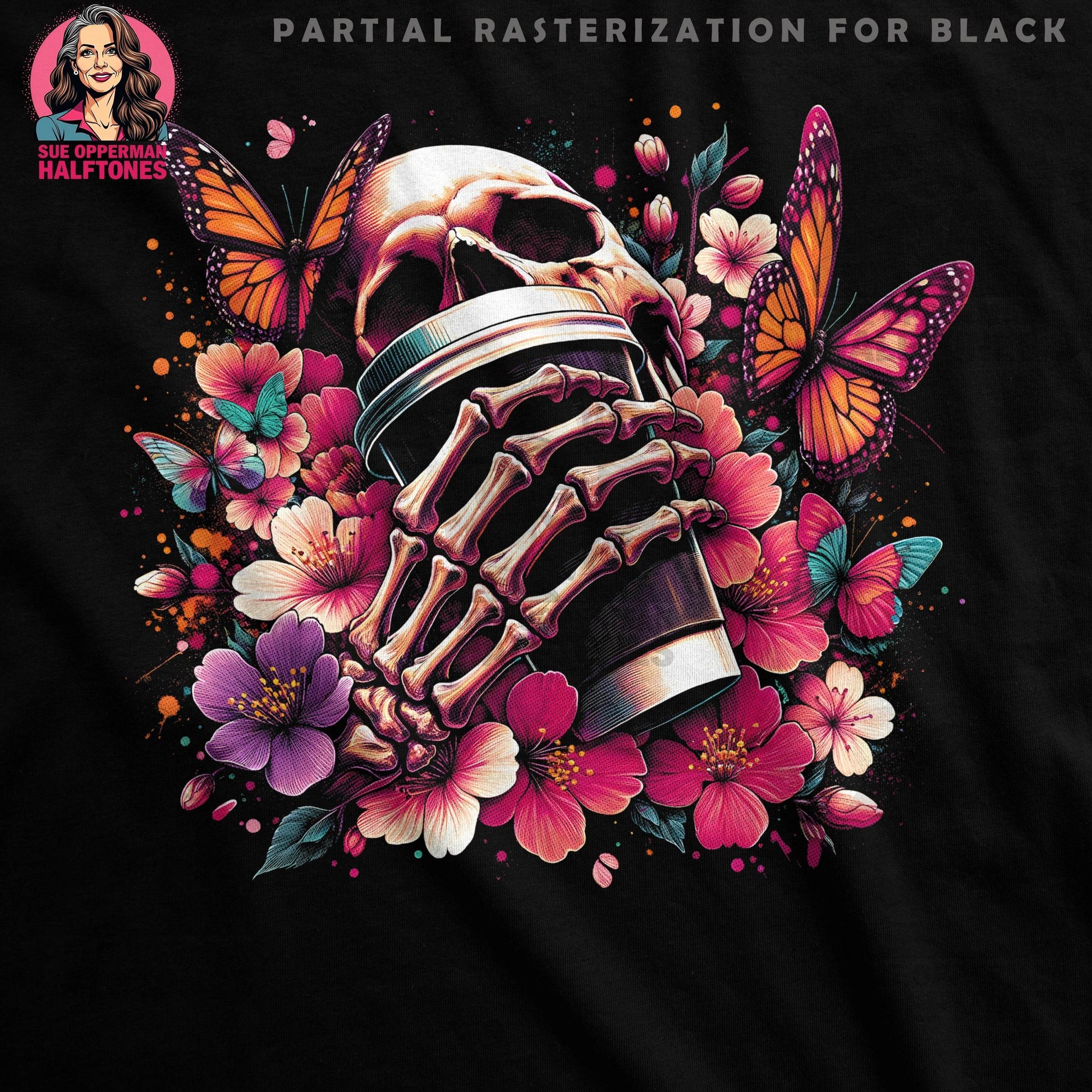 Floral Skull And Butterfly Halftone T-Shirt Design - halftone PNG for T-shirts – Sue Opperman Halftones