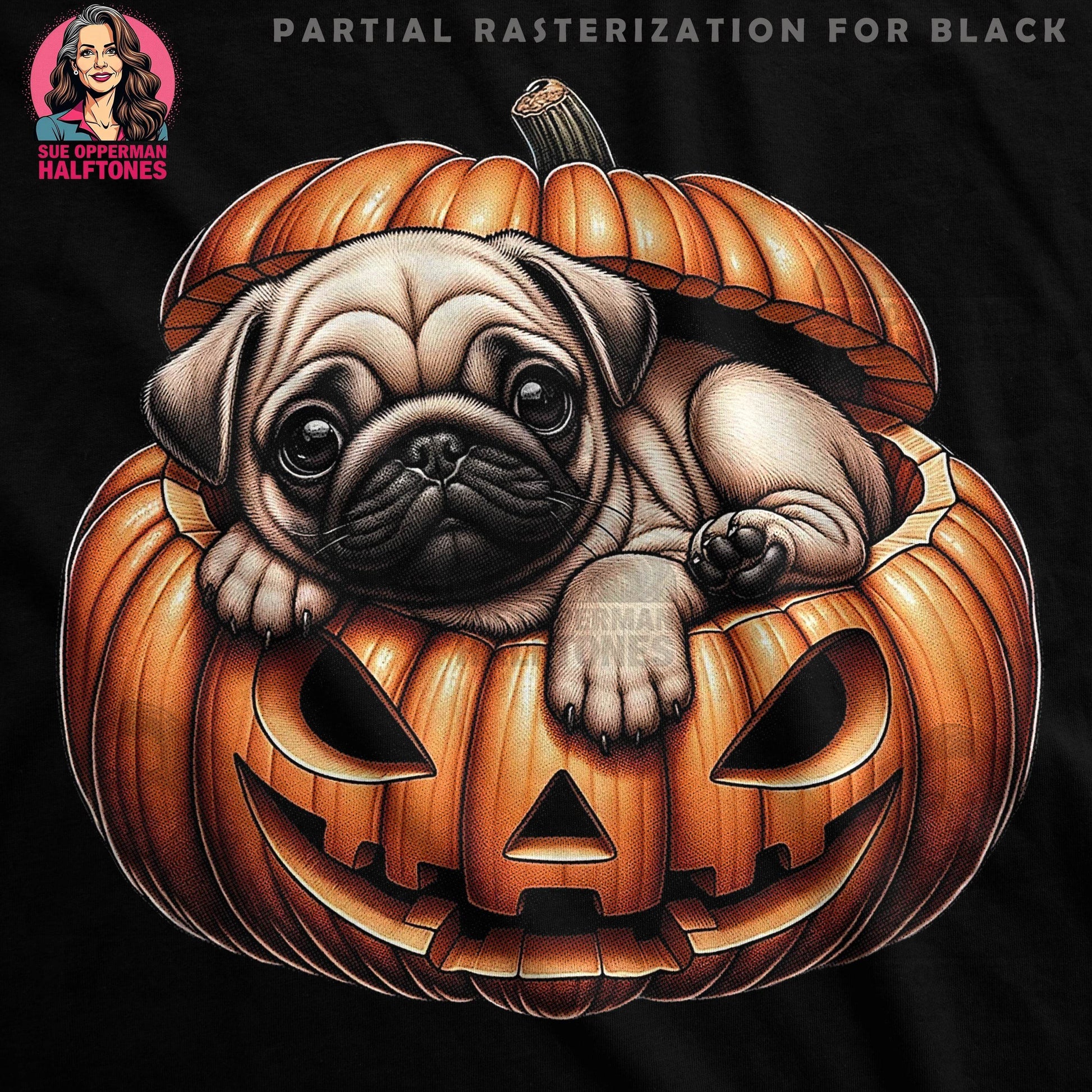 Halloween Pug In Pumpkin Halftone T-Shirt Design - halftone PNG for T-shirts – Sue Opperman Halftones