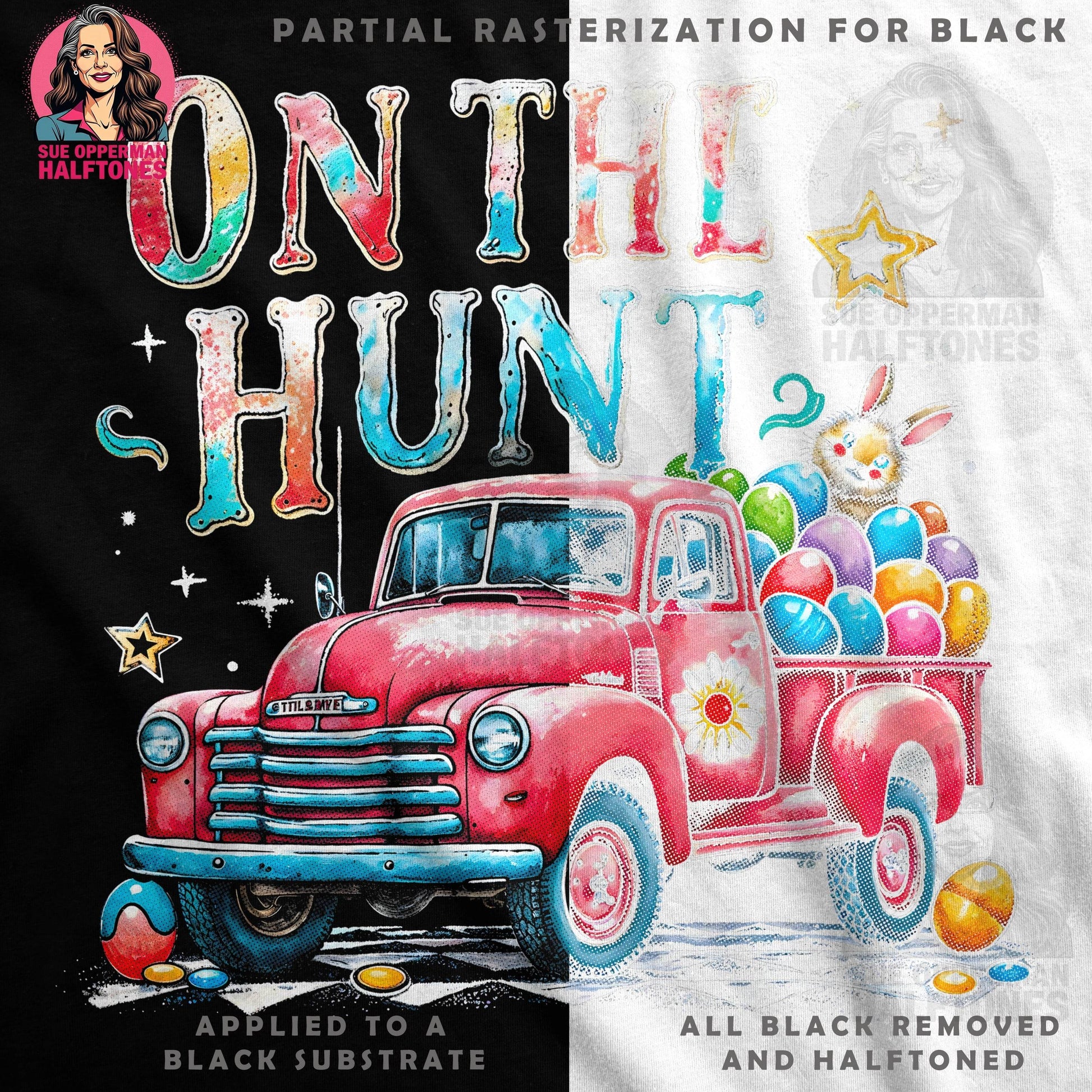 Easter Truck With Eggs On The Hunt Halftoned T-Shirt Design - halftone PNG for T-shirts – Sue Opperman Halftones
