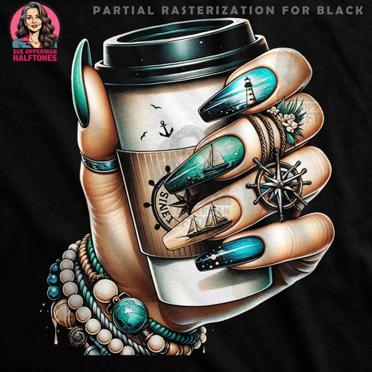 Glamour Nails Holding Coffee Cup Halftone T-Shirt Design - halftone PNG for T-shirts – Sue Opperman Halftones