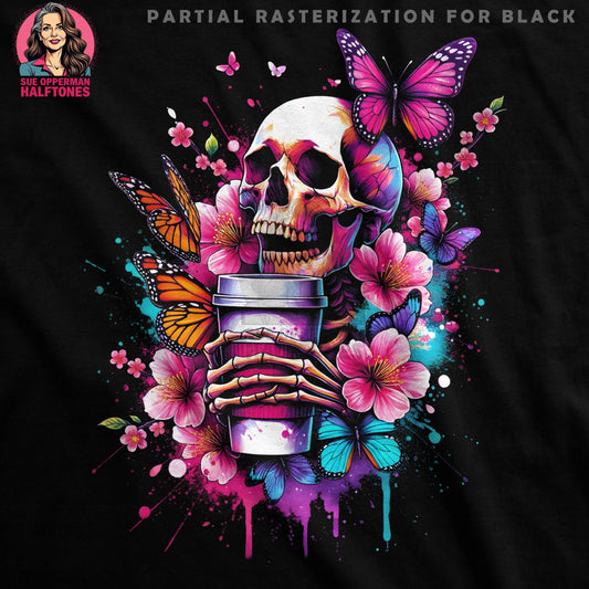 Skull Flowers Butterflies in Coffee Halftoned T-Shirt Design - halftone PNG for T-shirts – Sue Opperman Halftones