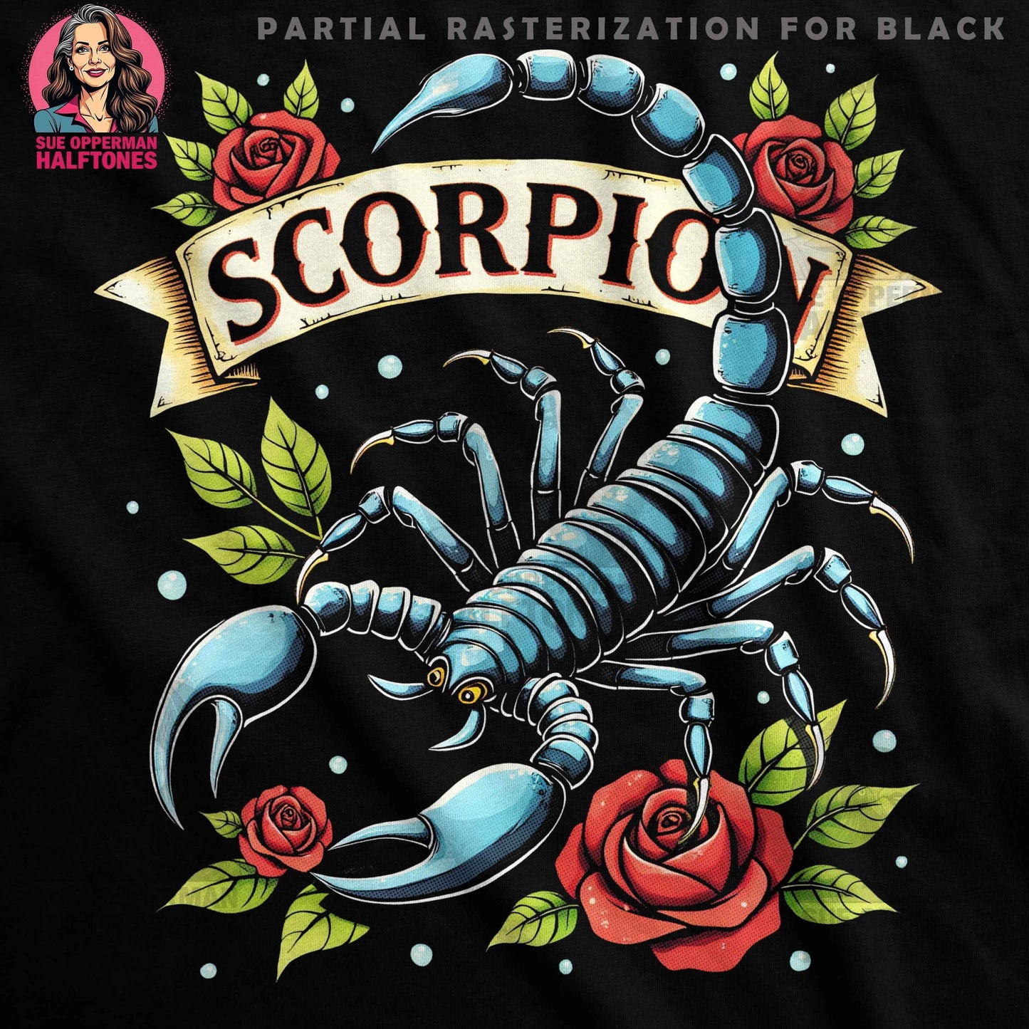 Scorpion and Roses Zodiac Halftone T-Shirt Design - halftone PNG for T-shirts – Sue Opperman Halftones