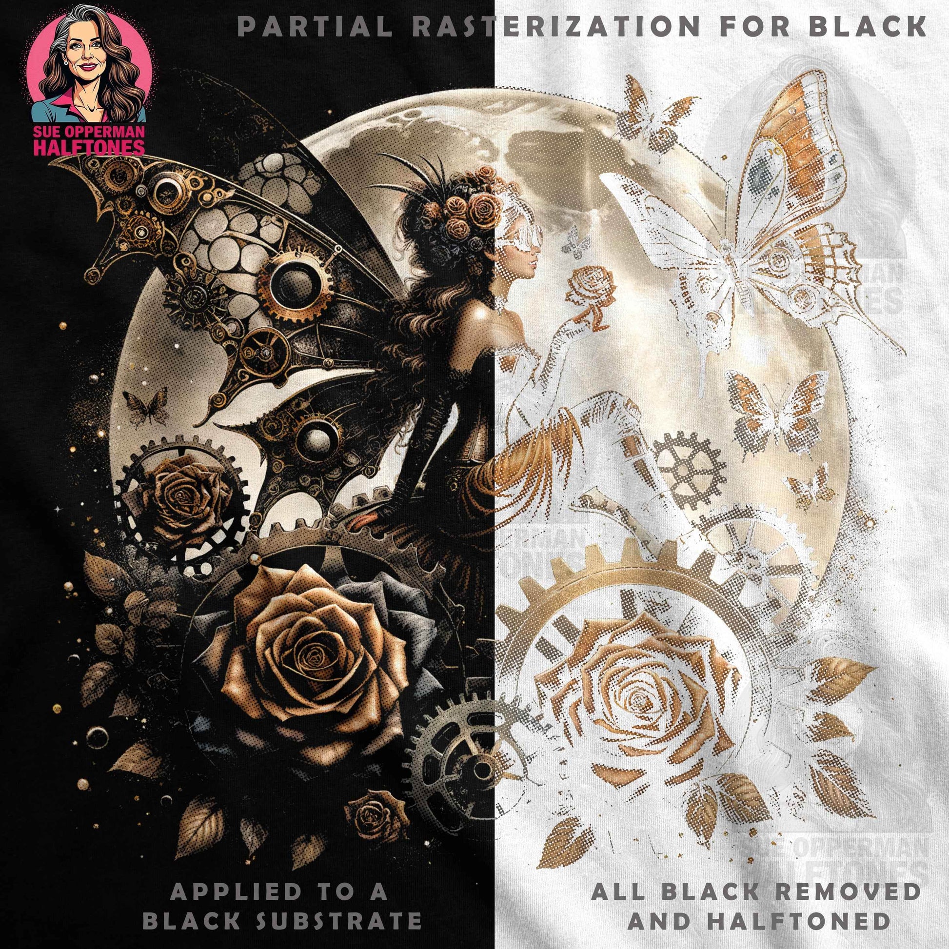 Fantasy Butterfly with Gears Halftoned T-Shirt Design - halftone PNG for T-shirts – Sue Opperman Halftones