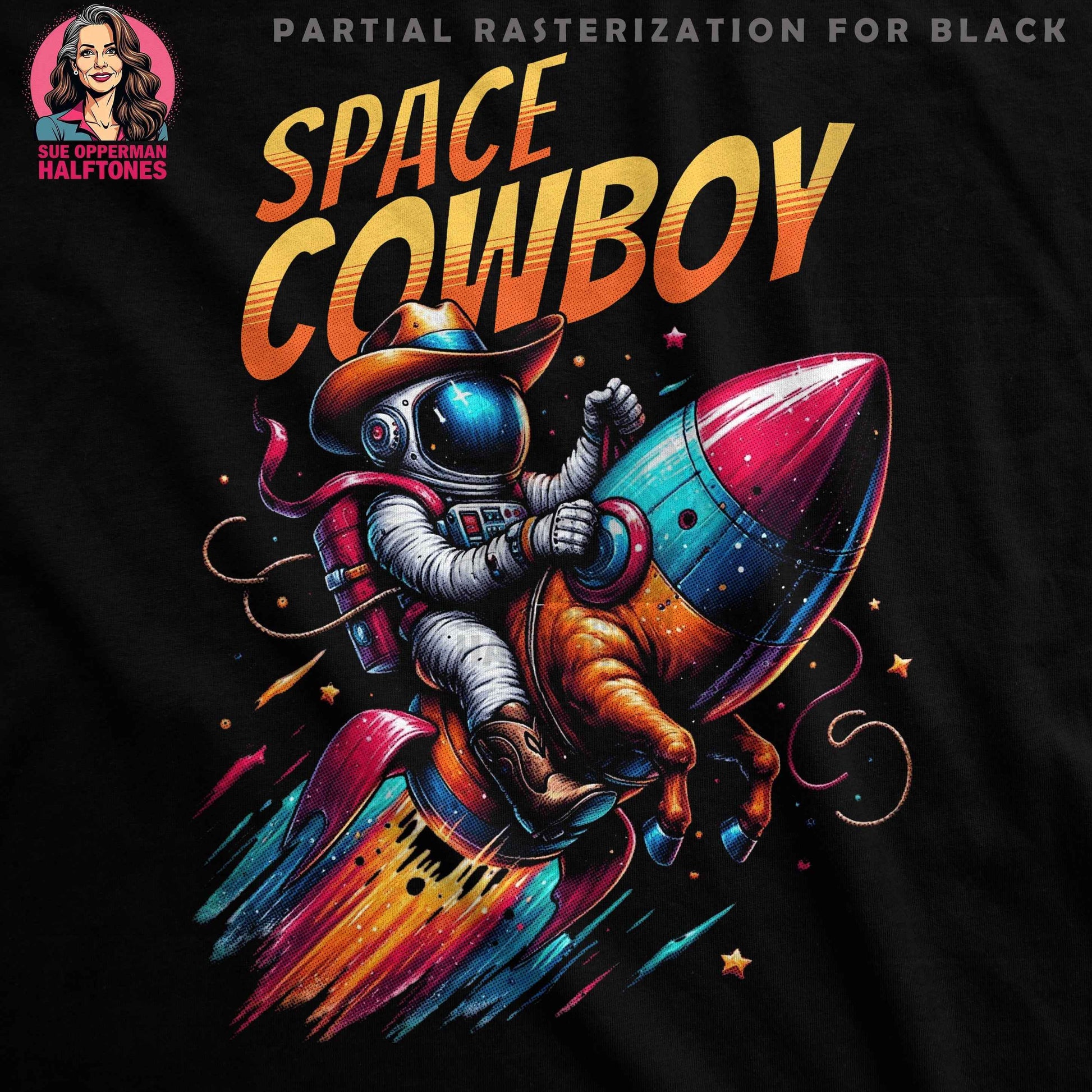 Space Cowboy on Rocket Halftoned T-Shirt Design - halftone PNG for T-shirts – Sue Opperman Halftones