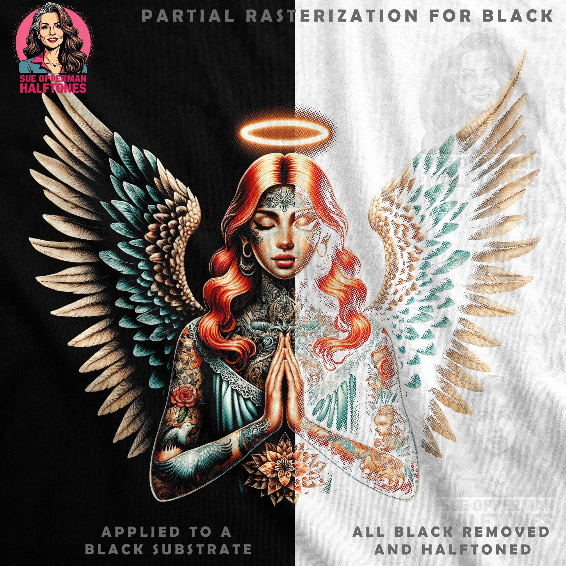 Angelic Figure Floral Tattooed Woman Halftone T-Shirt Design - halftone PNG for T-shirts – Sue Opperman Halftones