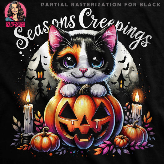 Spooky Kitten and Pumpkin Halloween Digital Halftoned T-Shirt Design - halftone PNG for T-shirts – Sue Opperman Halftones