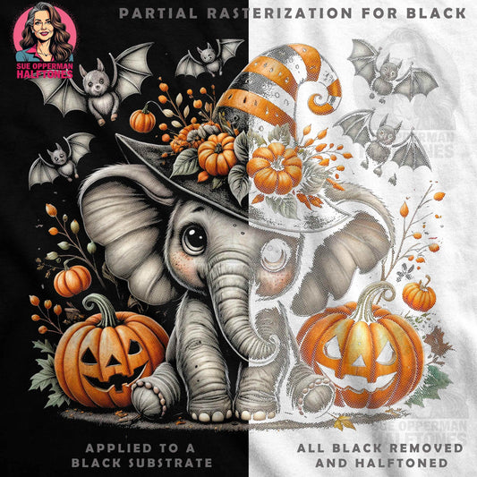 Halloween Elephant and Pumpkins Digital Halftone T-Shirt Design - halftone PNG for T-shirts – Sue Opperman Halftones