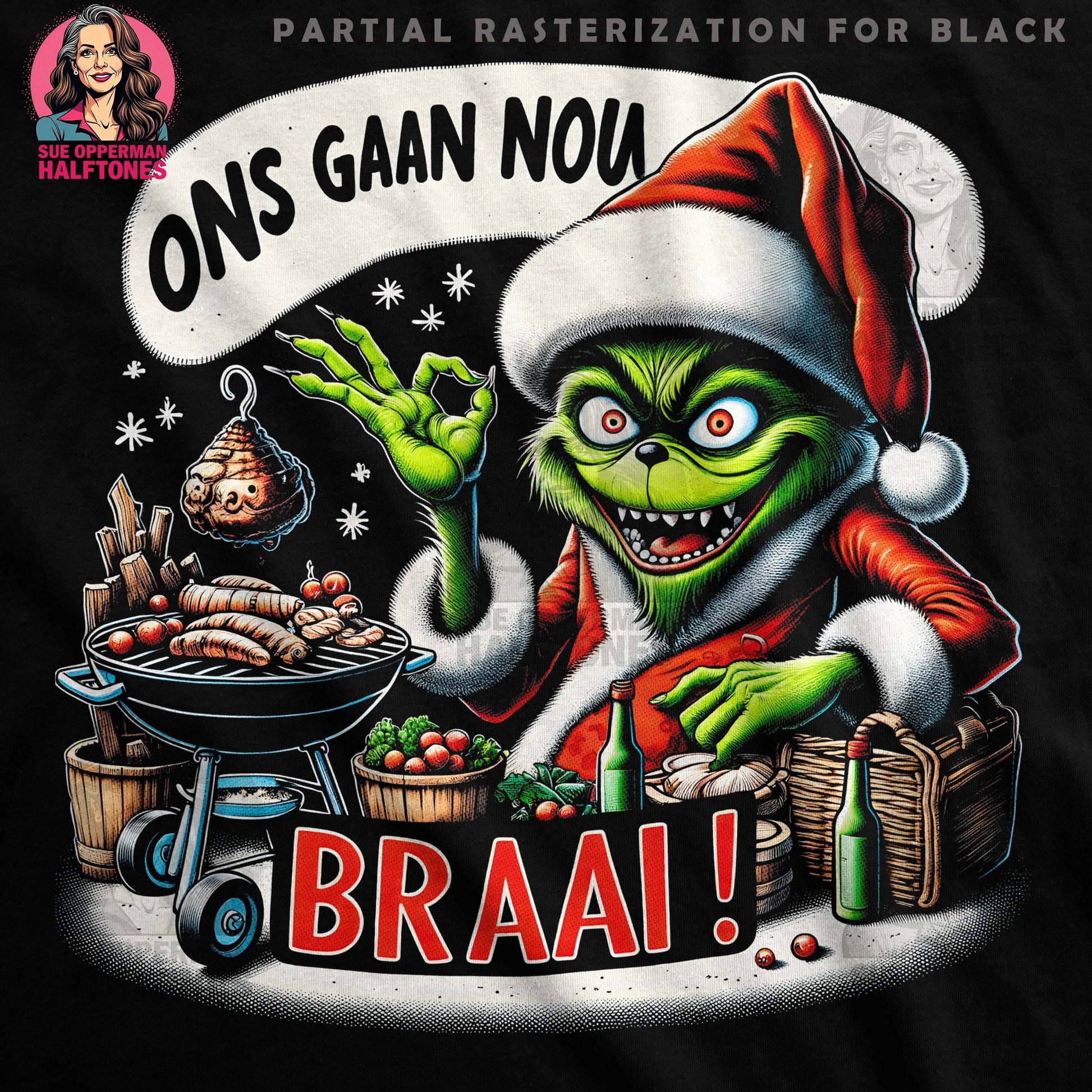 Christmas Grinch Ons Gaan Nou Braai Halftoned T-Shirt Design - halftone PNG for T-shirts – Sue Opperman Halftones